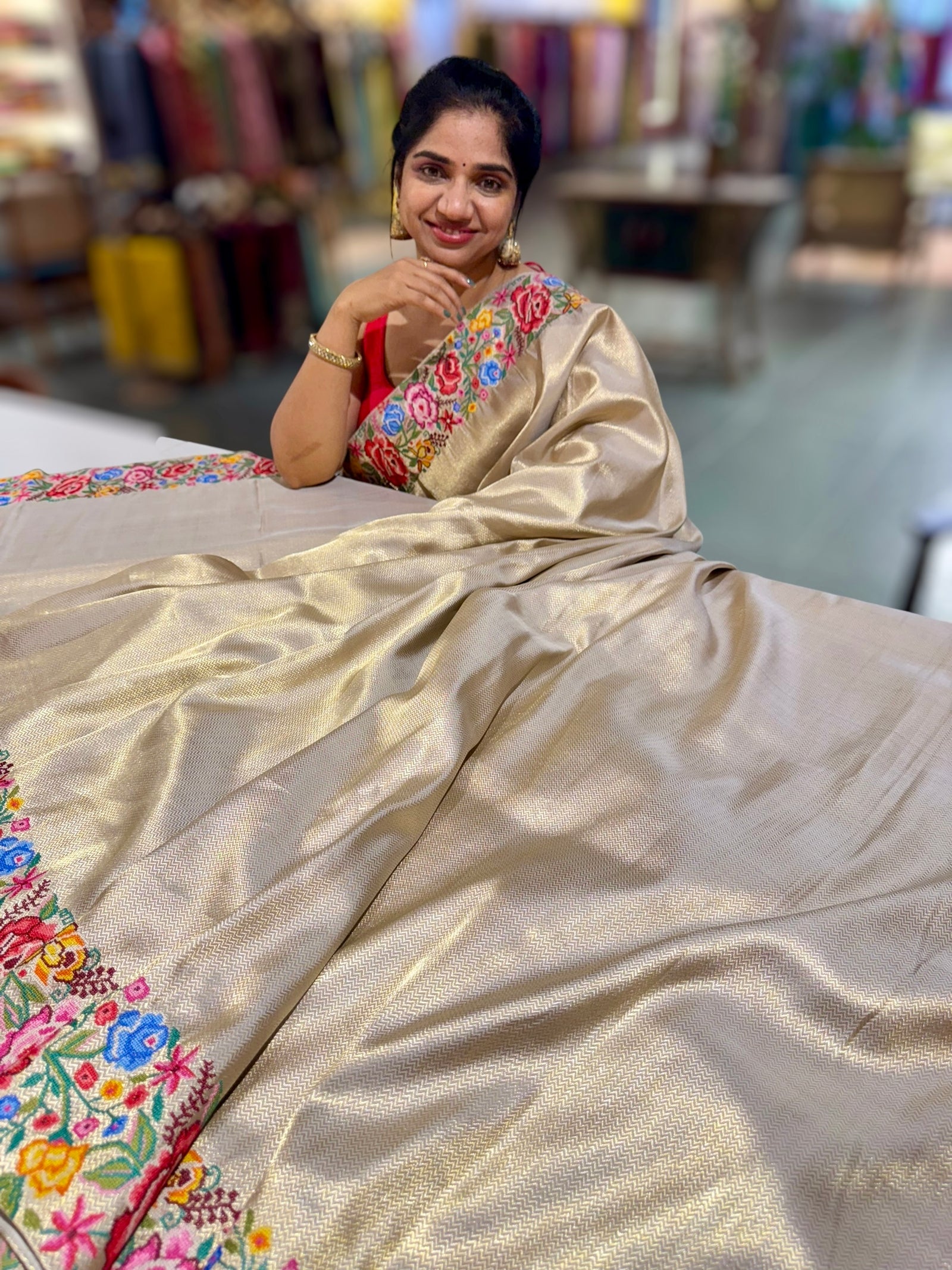 Beigish Taupe Green Kanchi Brocade Tissue Saree with Petite Point Embroidered Border