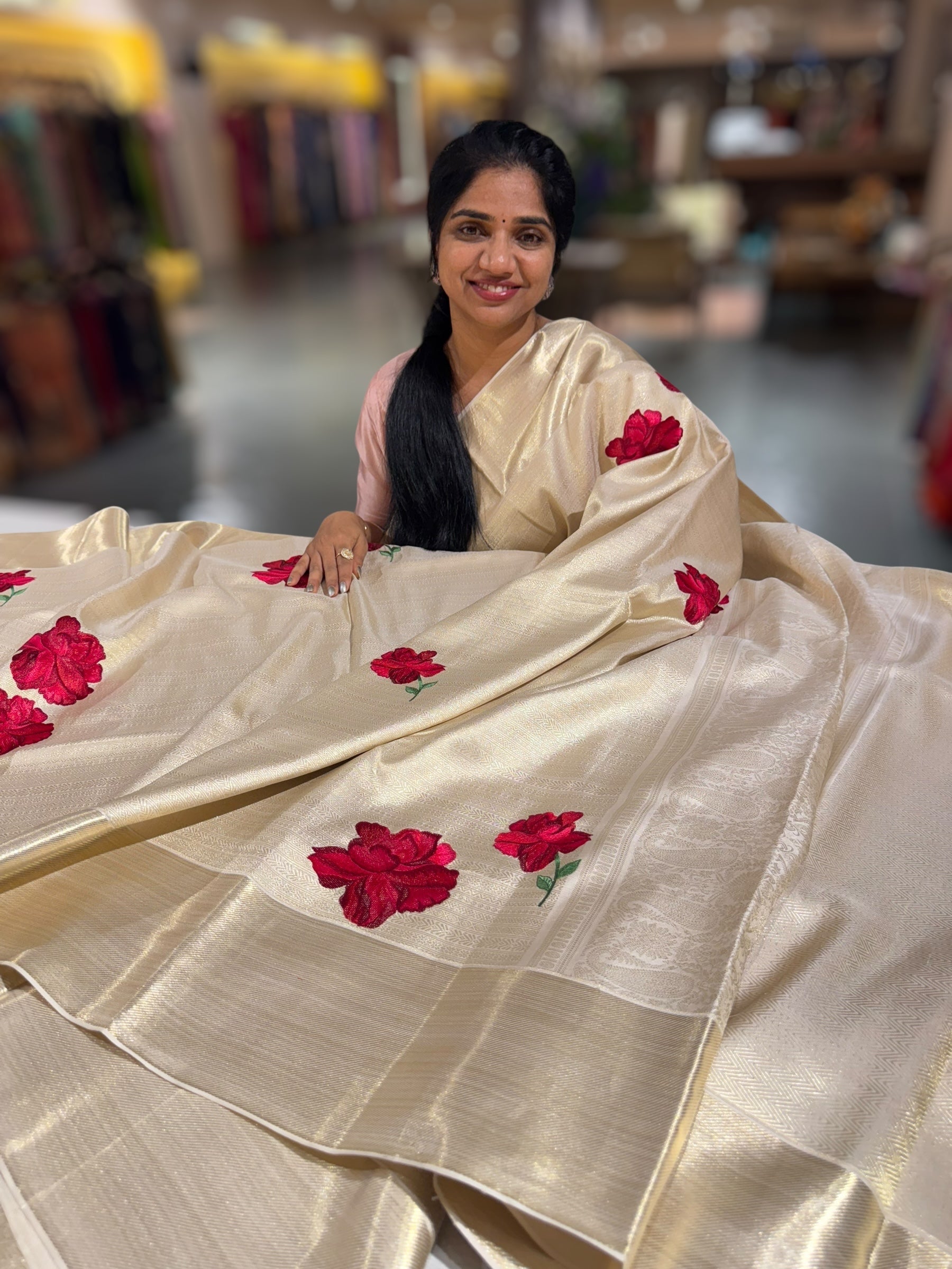 Ivory Banarasi Brocade Kanjeevaram Saree With Hibuscus Floral bunches embroidery