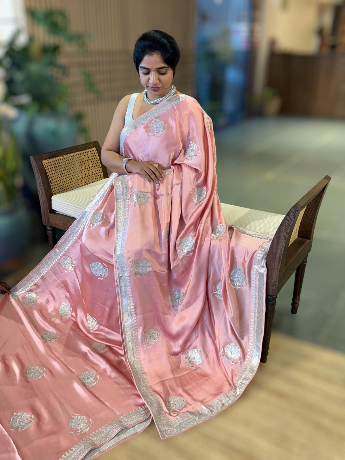 Peach Pink Satin Saree with Embroidery.