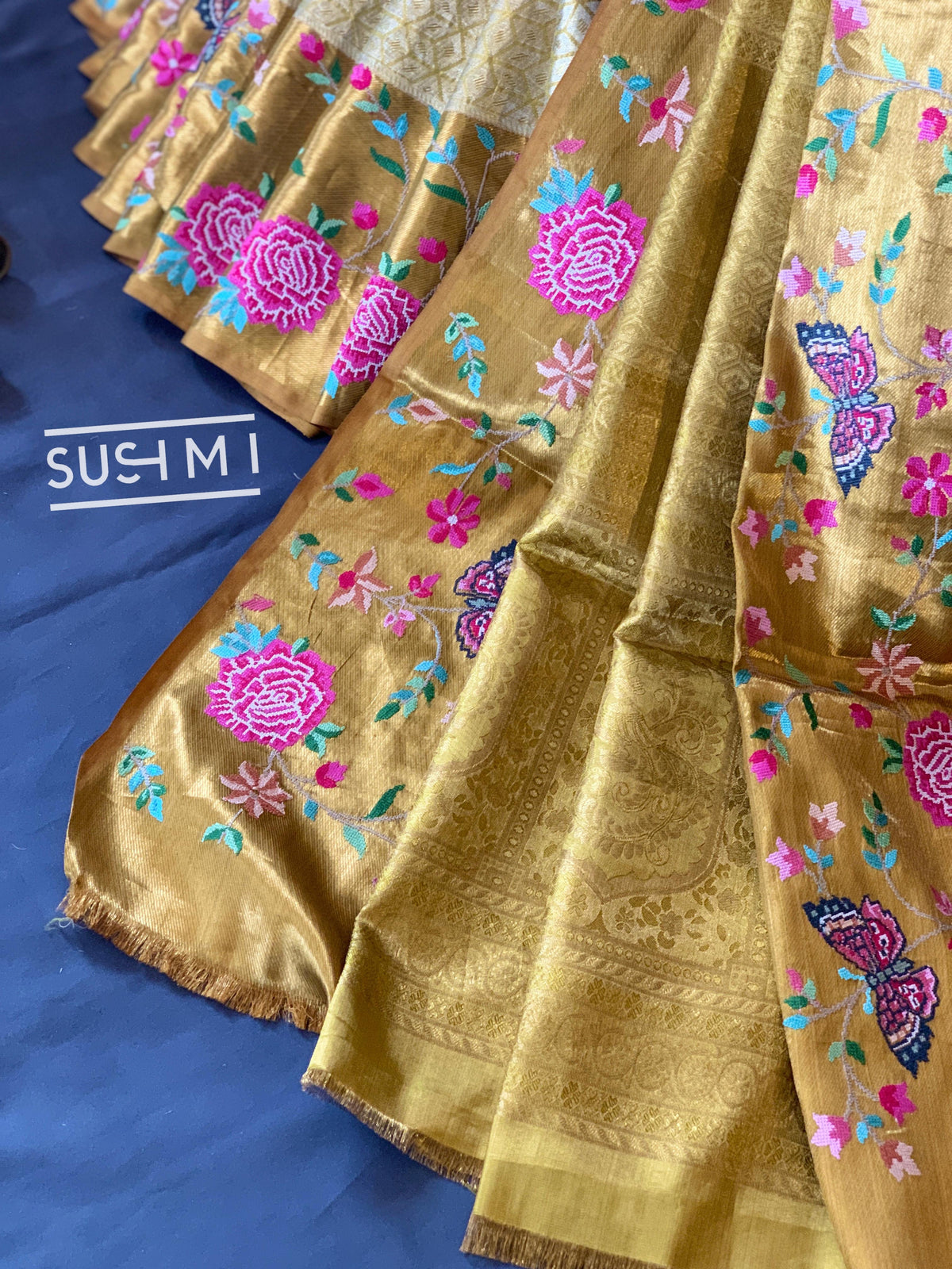 Gold Kanjeevaram Tissue Sareewith petite point embroidery : S62F085