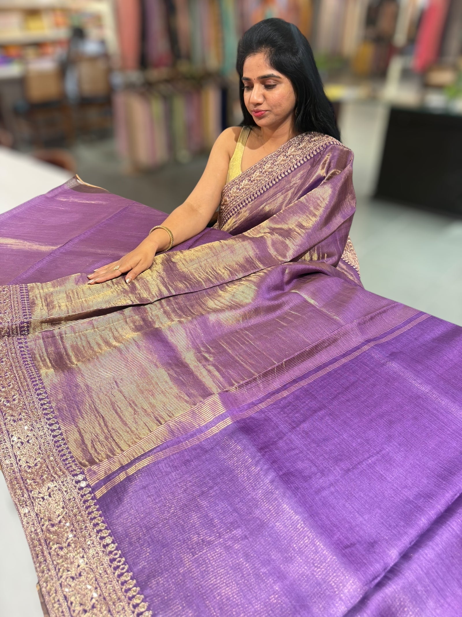 Purple kora Muslin Tissue fusion saree