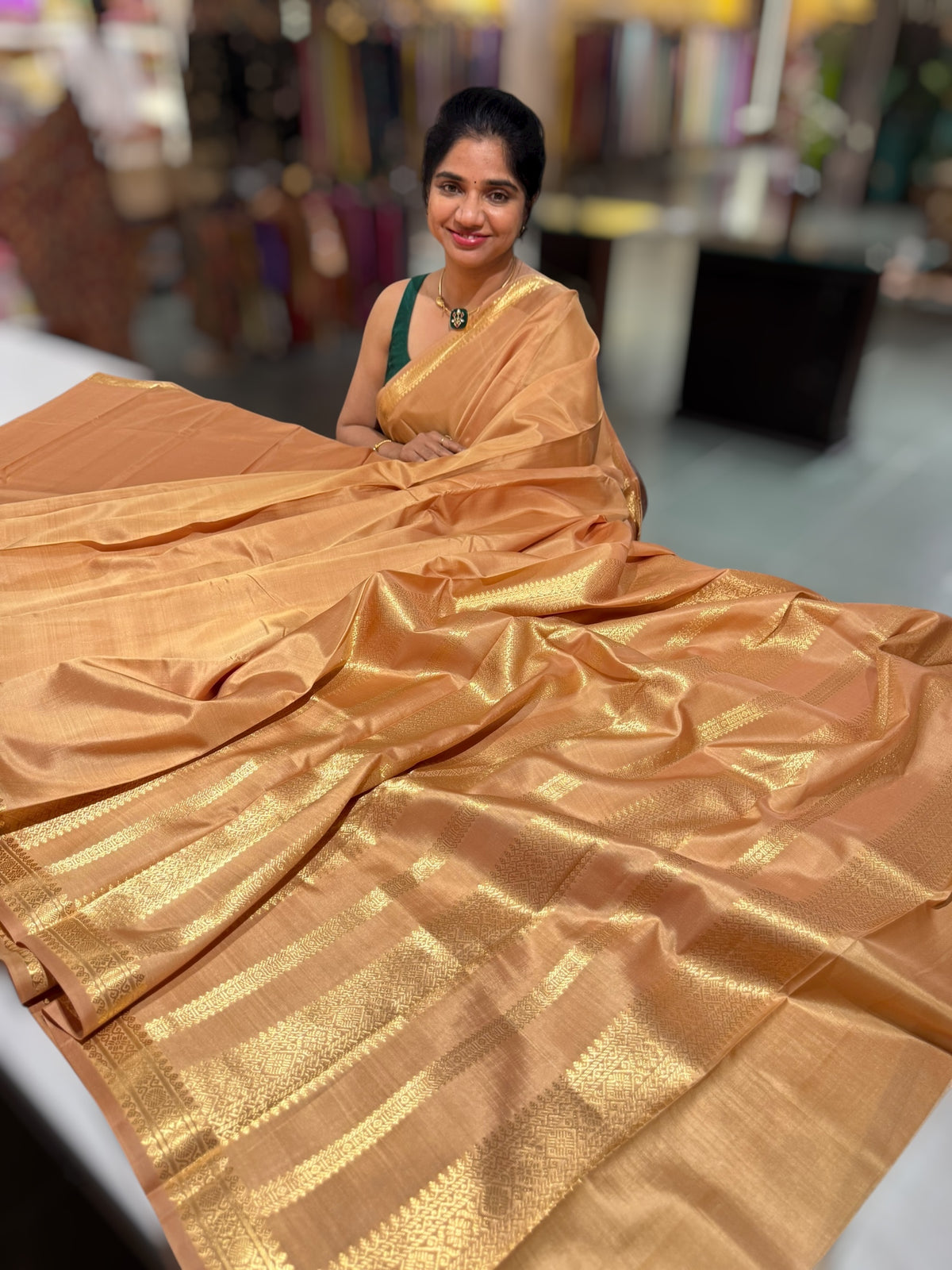 Sandalwood vintage Kanchipuram silk saree with pen kalamkari blouse