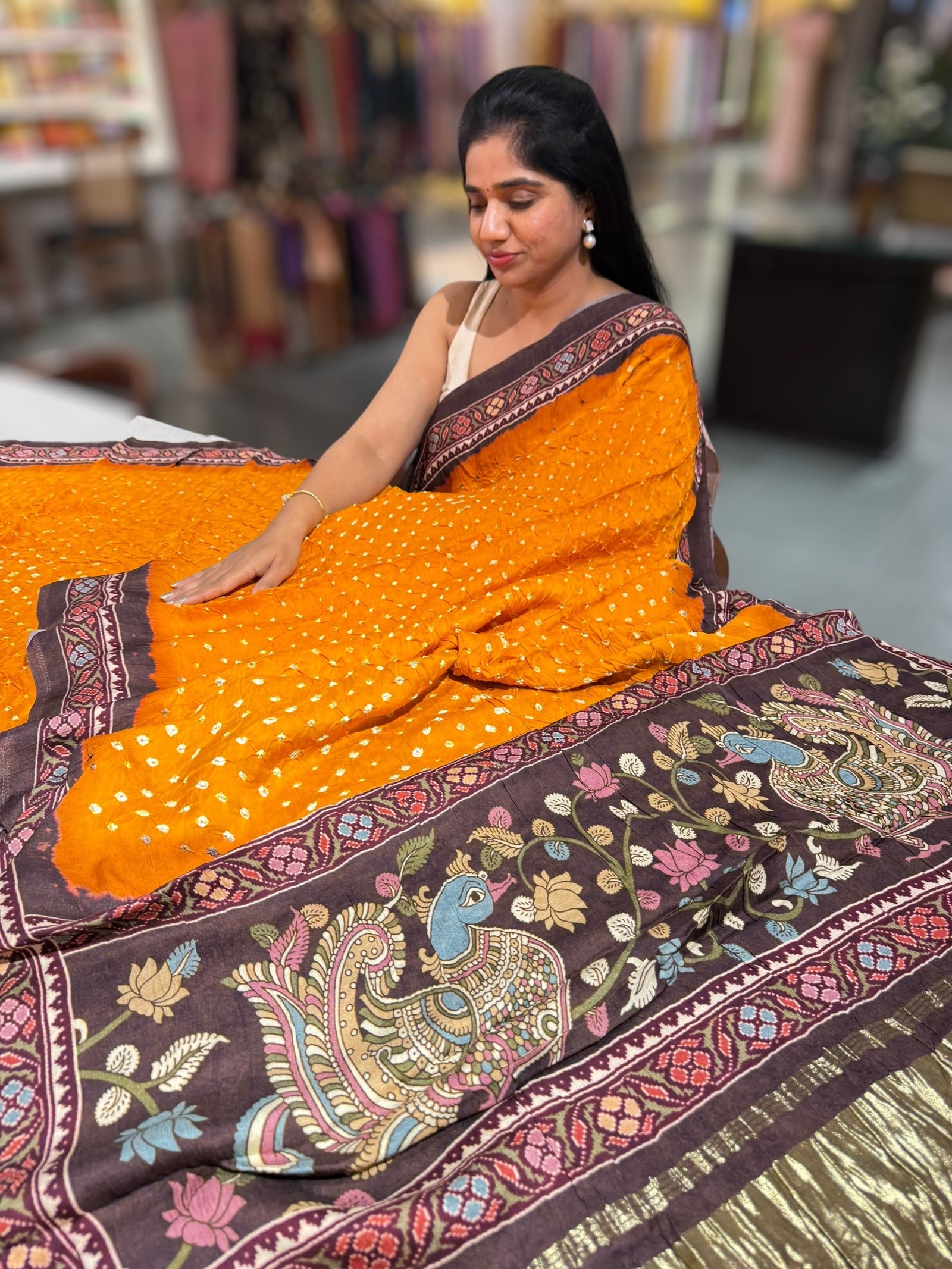 Mustard bandhini kalamkari modal satin saree