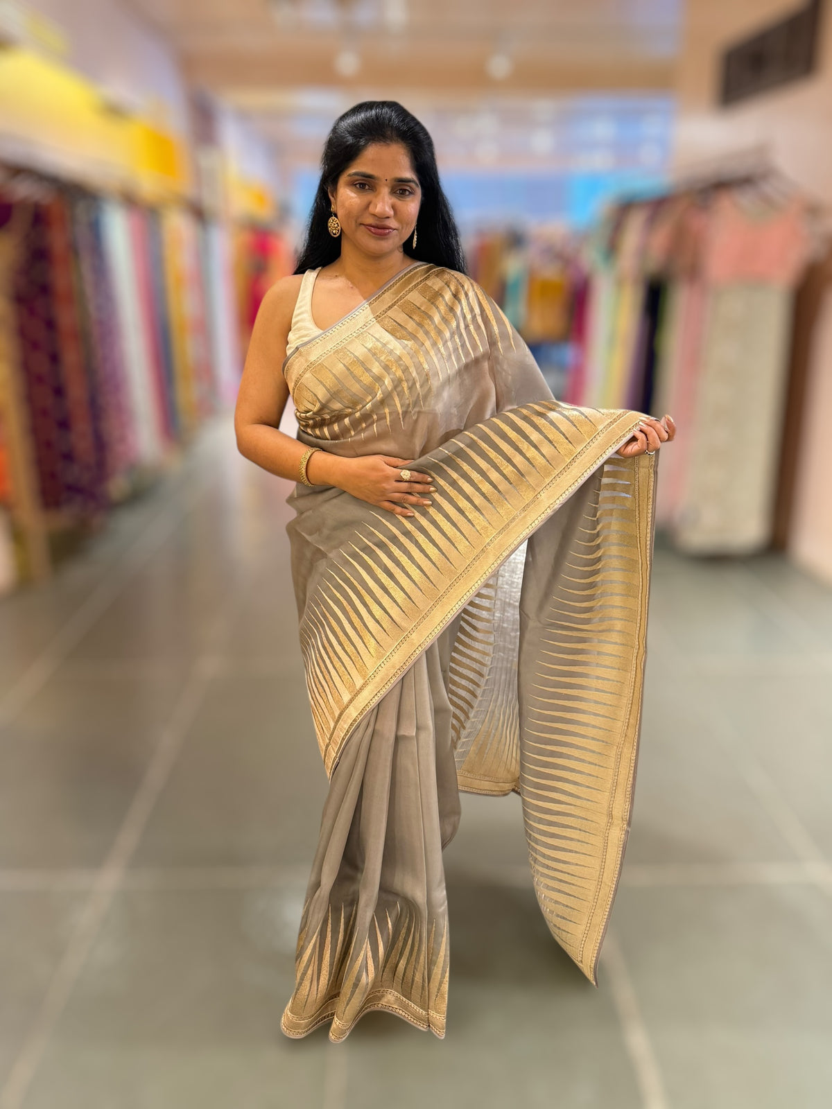 Grey Pure Organza With Temple Embroidered Border & Tussar Printed Blouse