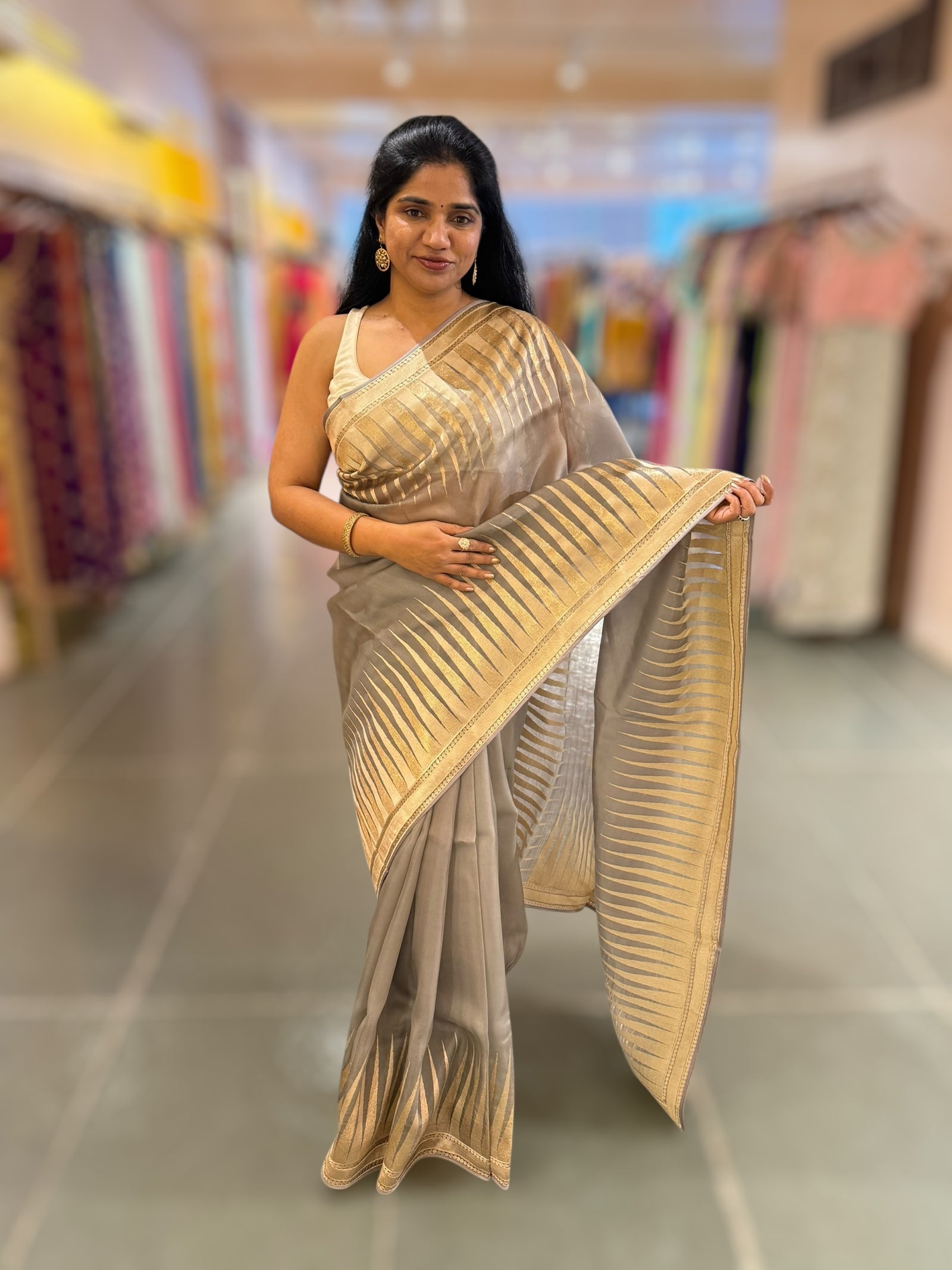 Grey Pure Organza With Temple Embroidered Border & Tussar Printed Blouse