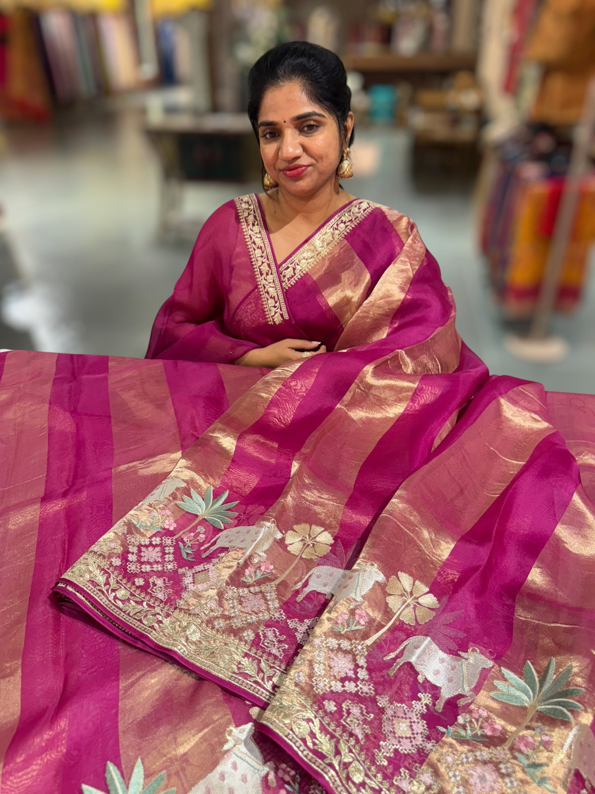 Ruby Pink Kora Tissue Stripes Saree With Jamdani  & Pichwai embroidered Border