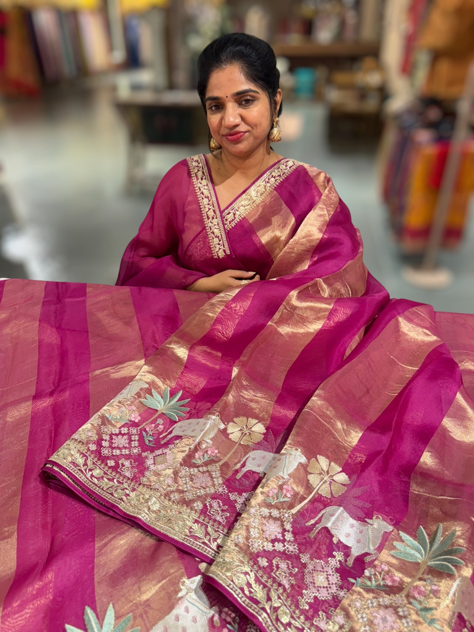 Ruby Pink Kora Tissue Stripes Saree With Jamdani  & Pichwai embroidered Border