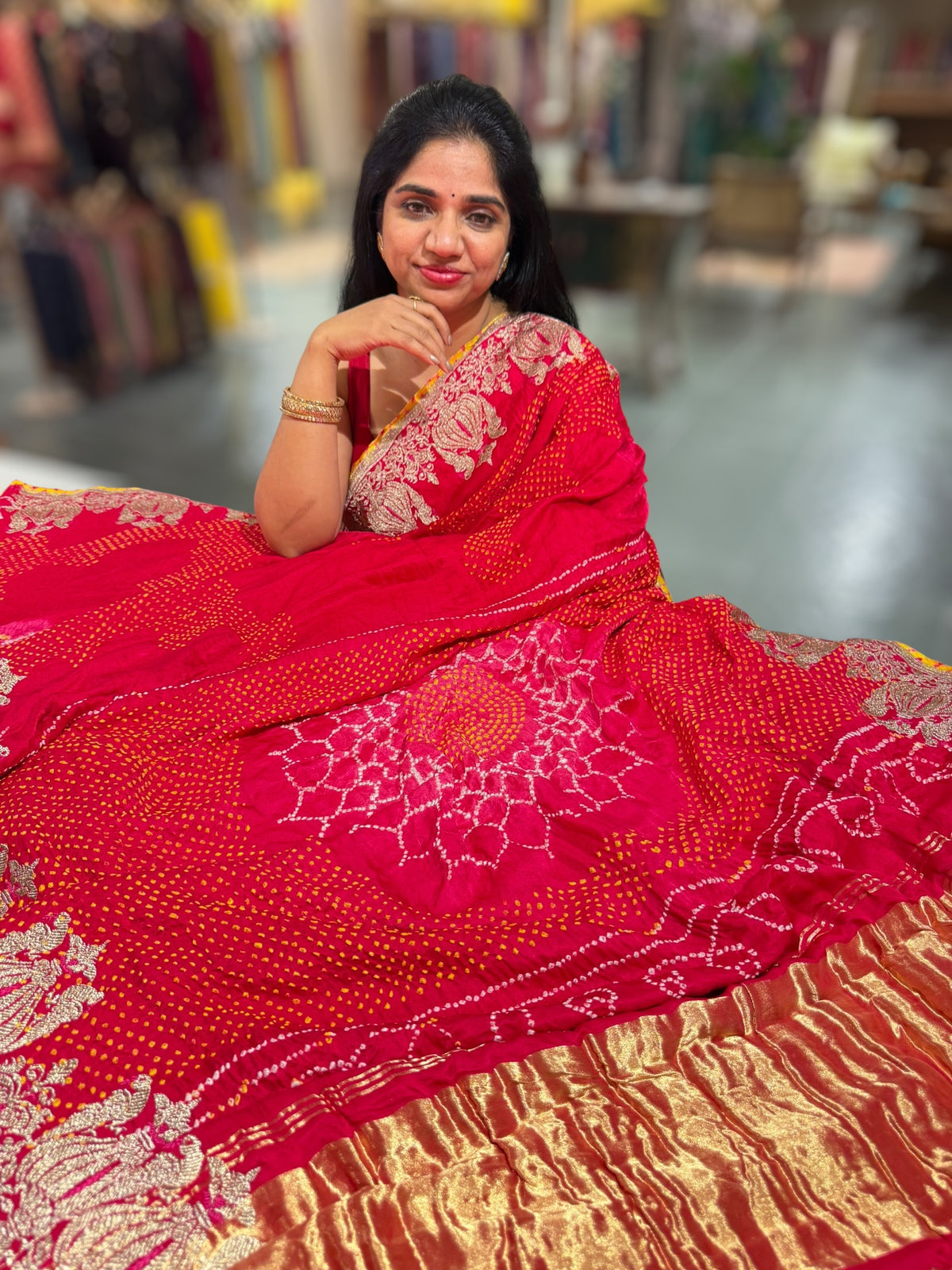 Reddish Pink Designer Rai Bandhej Saree With Embroidered Border