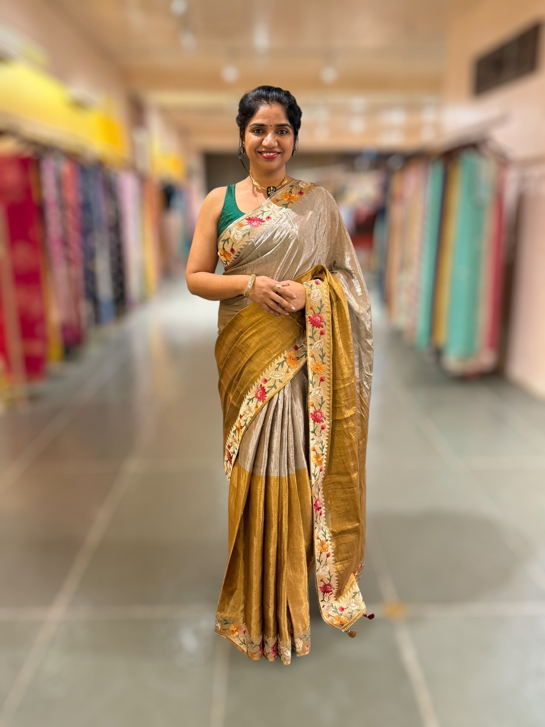 Handloom Tissue Saree with Paithani inspired embroidered border.