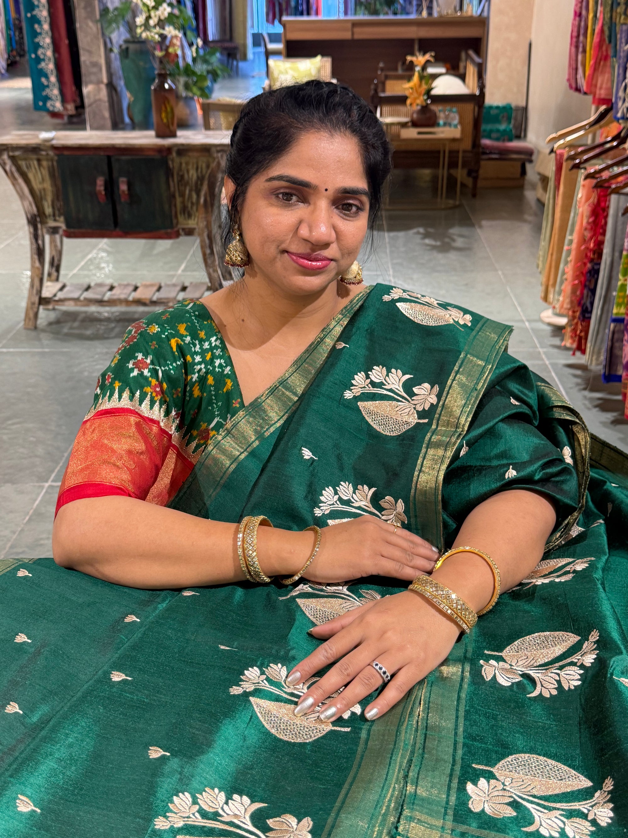 Bottle Green Pure Handloom Raw Silk Saree
