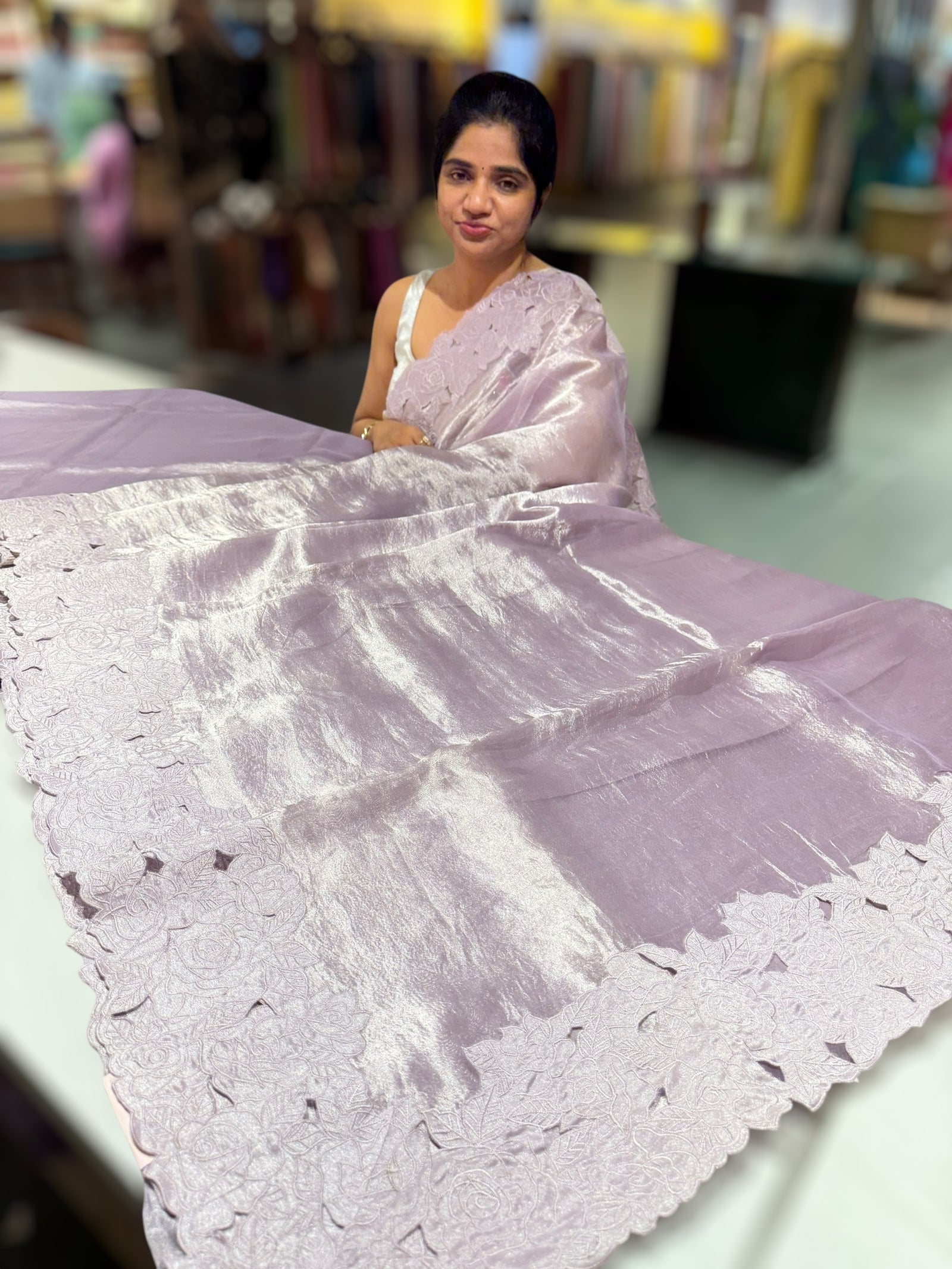 Lilac Banarasi Tissue With Rose Cutwork embroidered Border