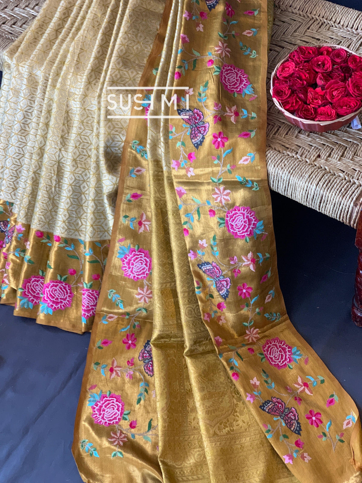 Gold Kanjeevaram Tissue Sareewith petite point embroidery : S62F085