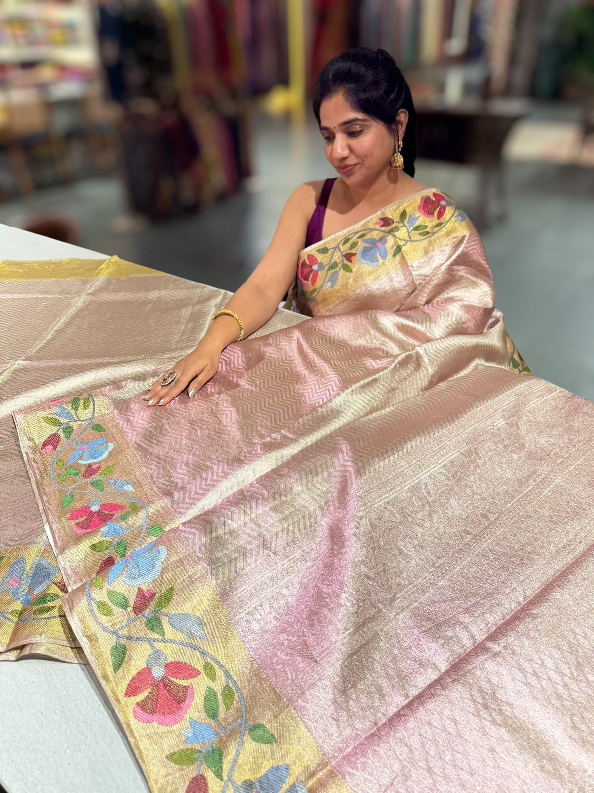 Light Rose Pink Kanchi Tissue Brocade Saree With jamdani inspired embroidery.