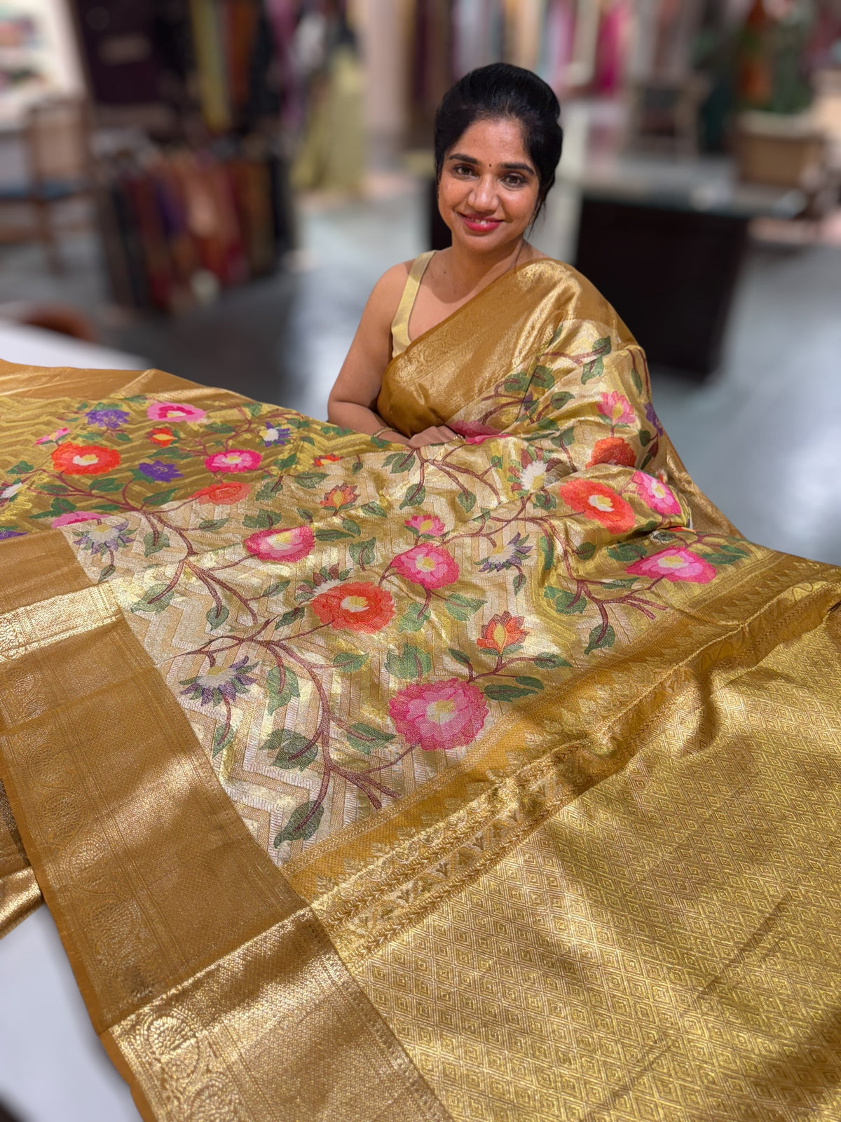 Molten Gold Kanjeevaram Tissue Saree with allover embroidery