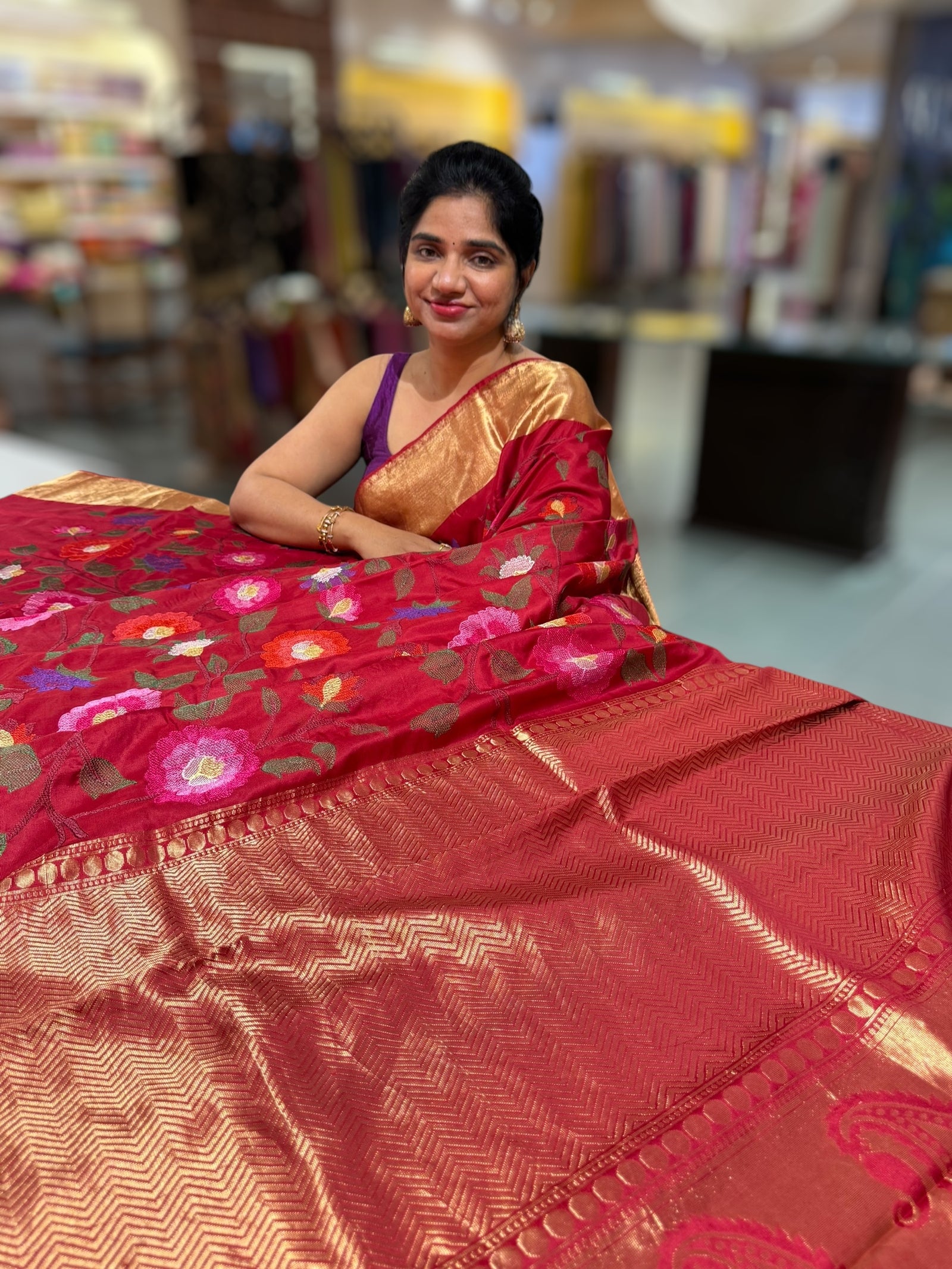 Maroonish Red Kanchi Soft Silk Saree with allover jamdani inspired embroidery