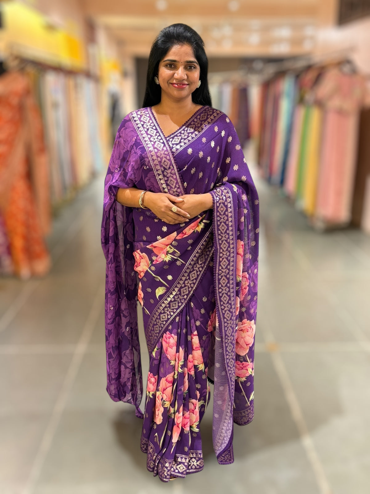 Brinjal georgette sequence saree with statement floral print
