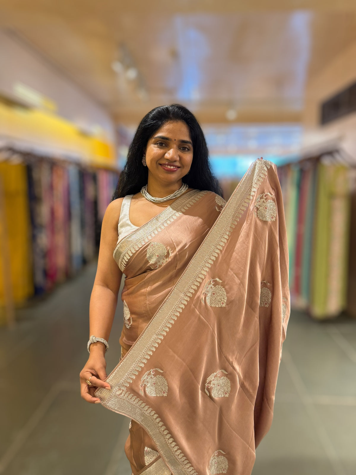 Light Brown Satin Saree with Embroidery.