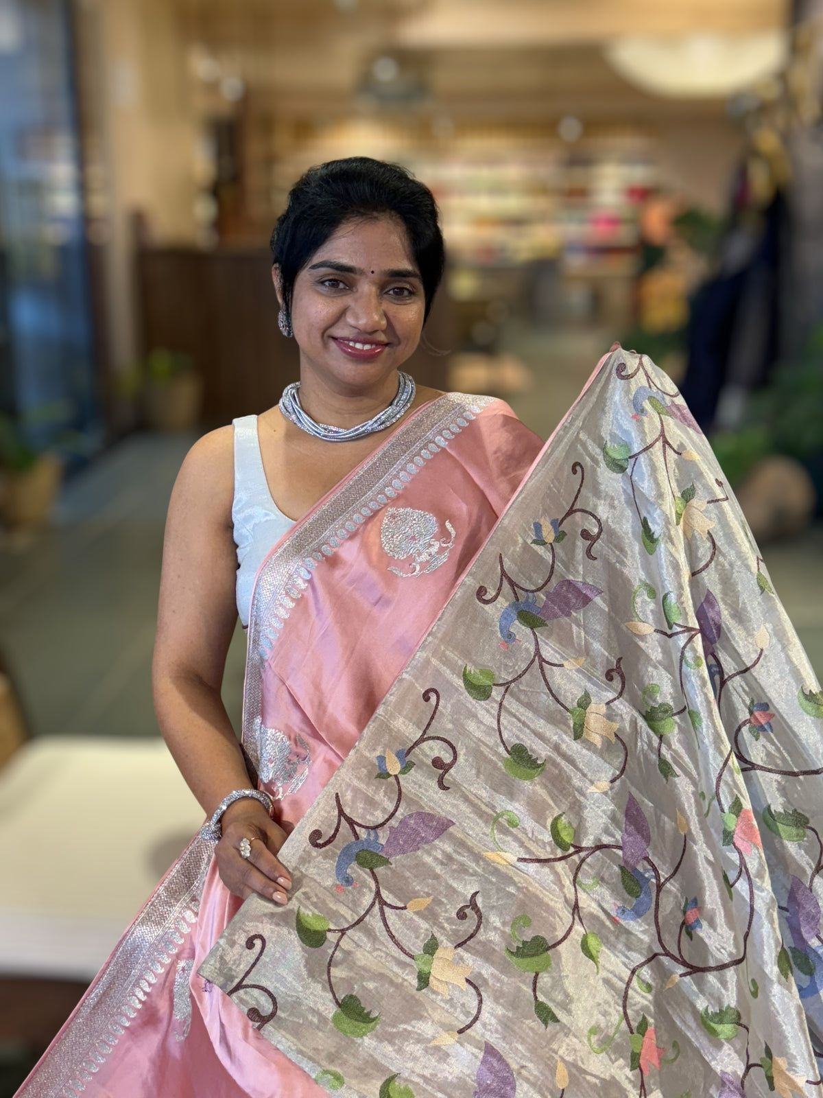 Peach Pink Satin Saree with Embroidery.