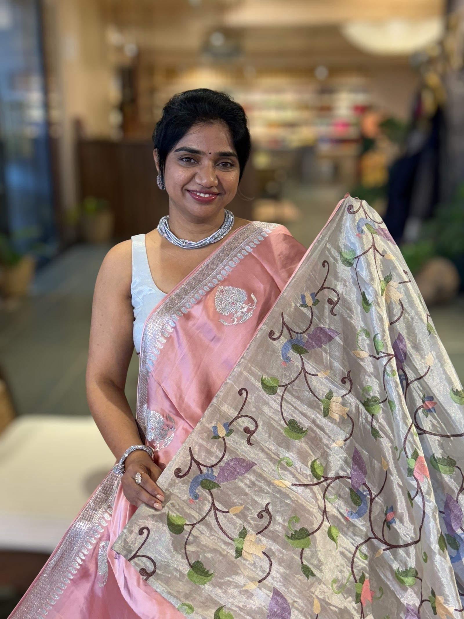 Peach Pink Satin Saree with Embroidery.