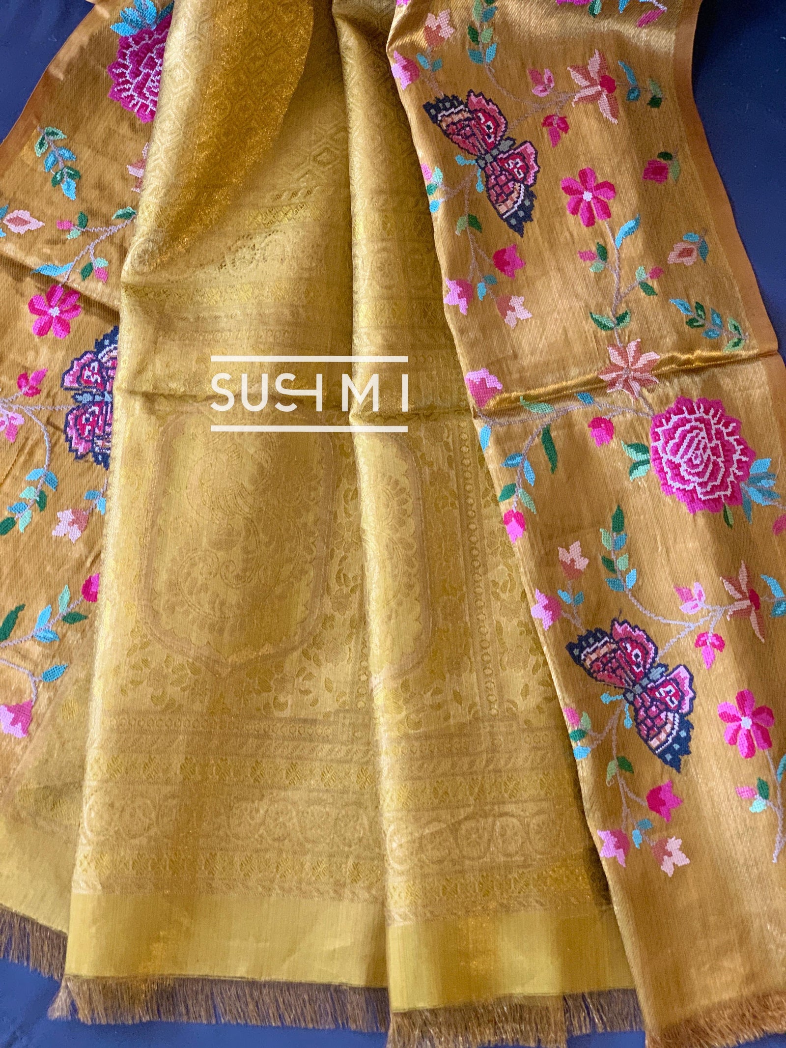 Gold Kanjeevaram Tissue Sareewith petite point embroidery : S62F086