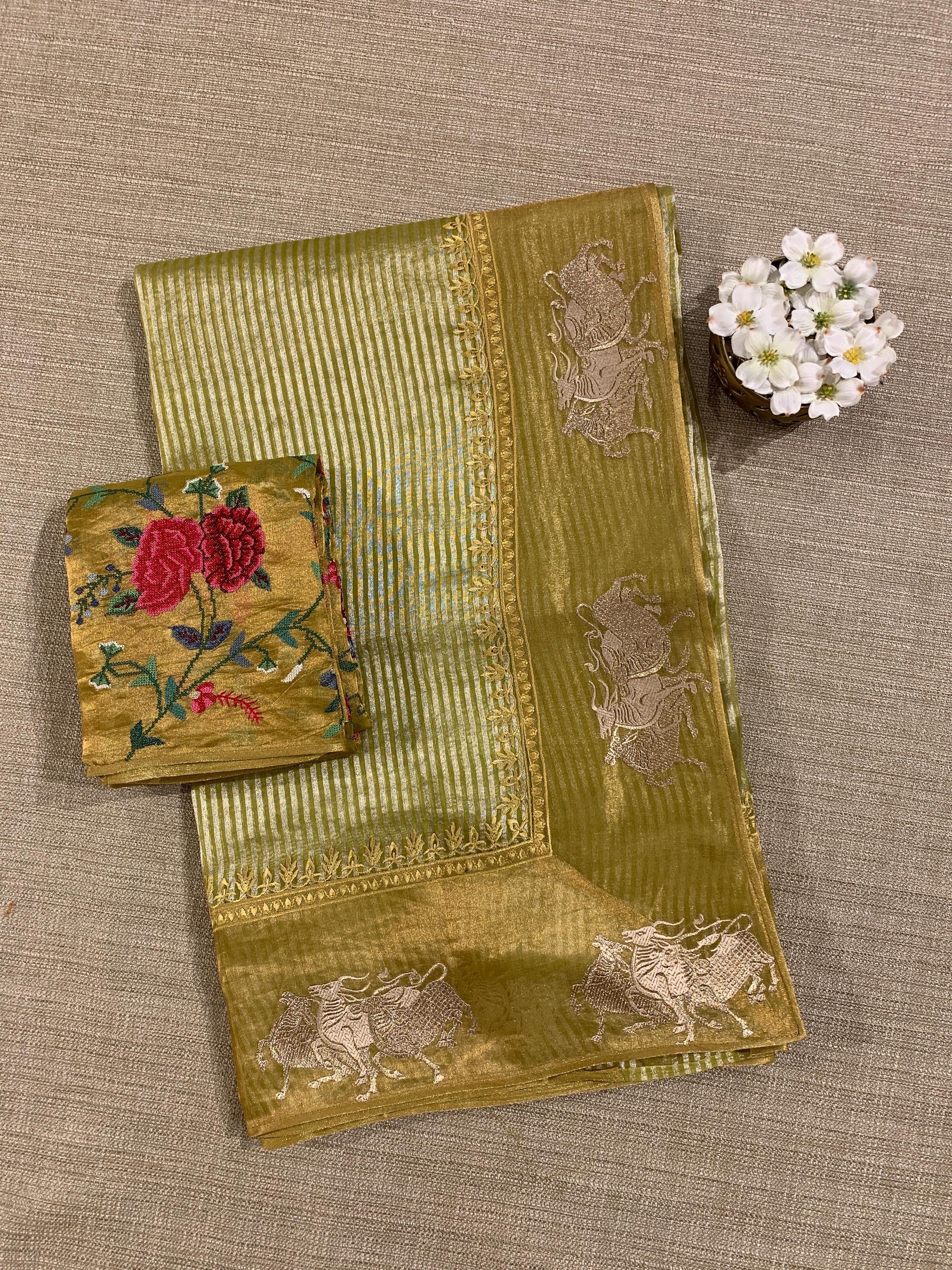 Lime Green Kora tissue stripes Saree with Nandi embroidered tissue border