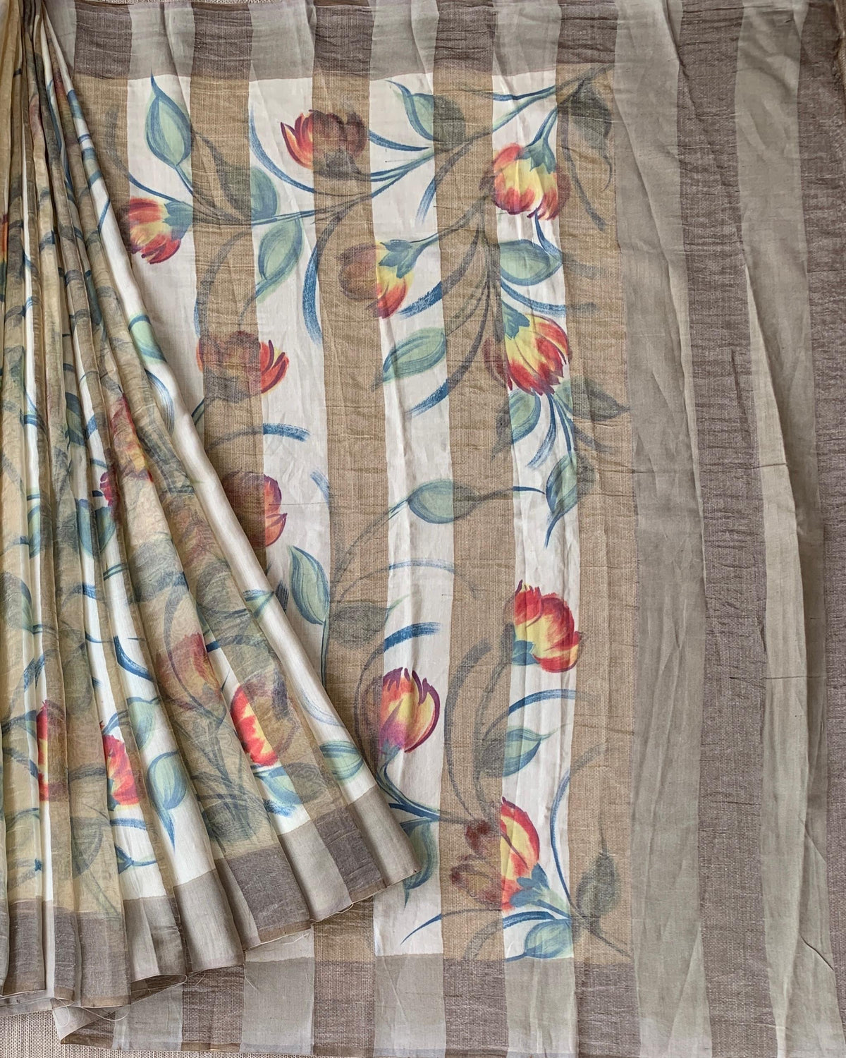 Mul silk handpainted Saree with tissue stripes and