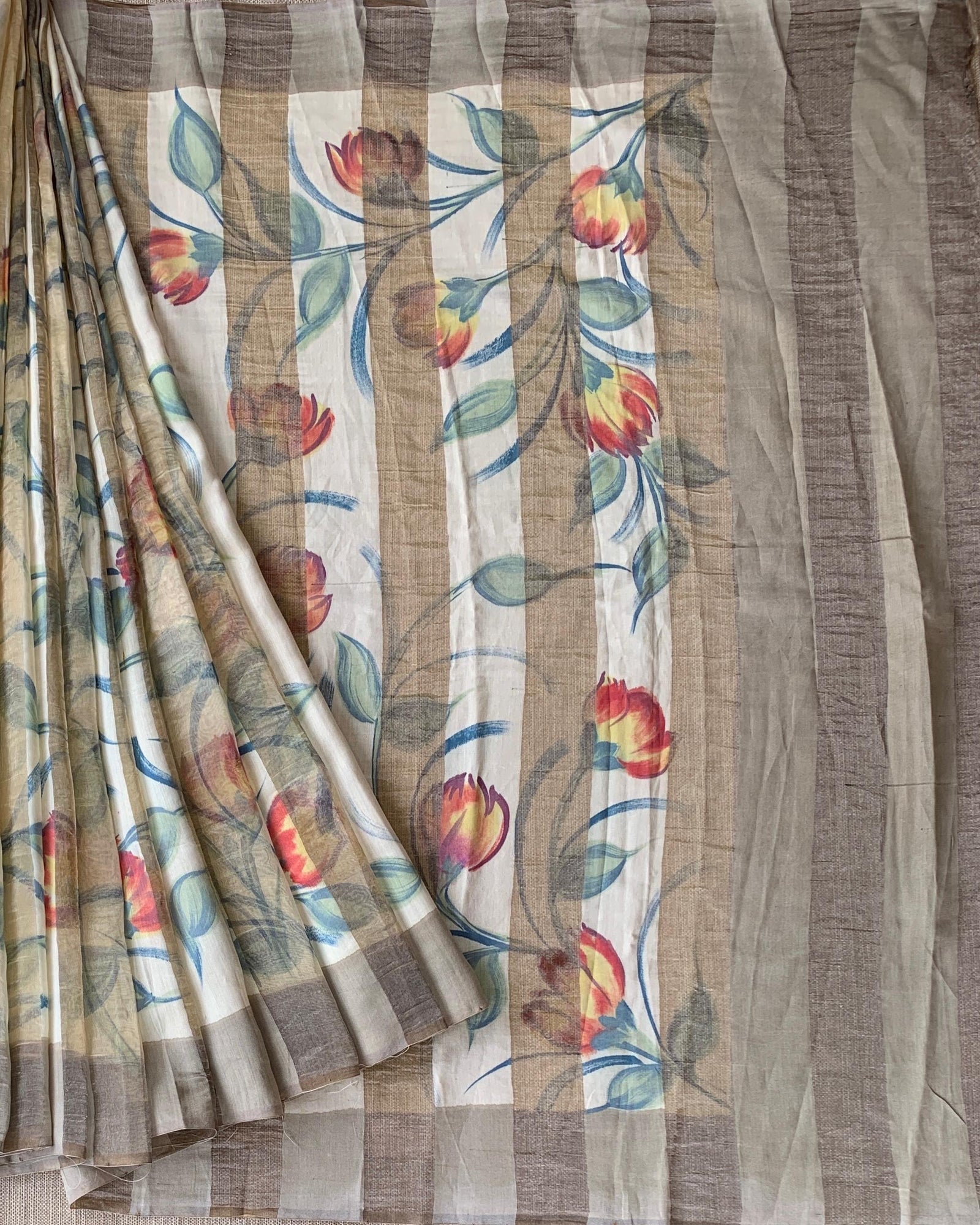 Mul silk handpainted Saree with tissue stripes and