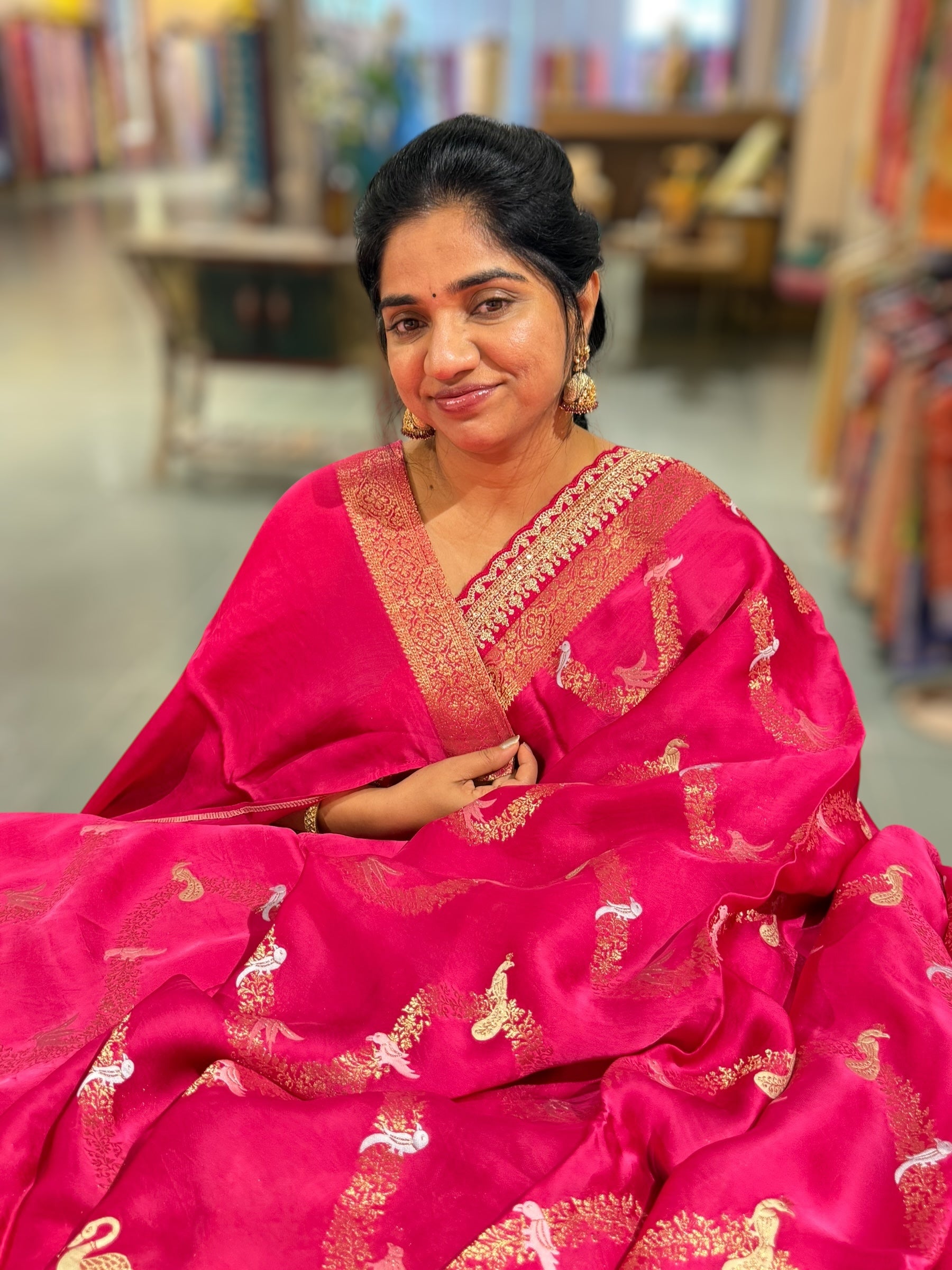 Dark Pink Mashru Silk Saree with allover weaving and Sahbysachi borders and Blouse
