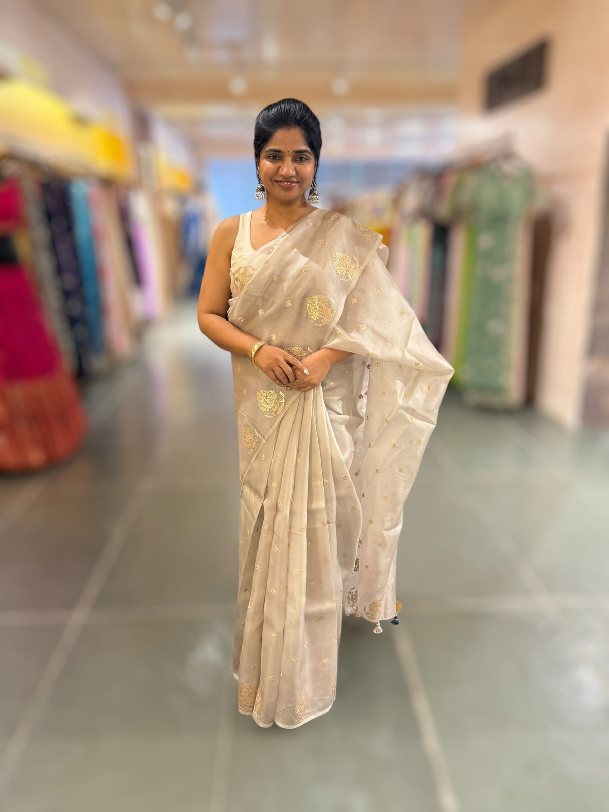 Silverish Tone Pure Organza Saree With Embroidered Motifs & Tussar Printed Blouse