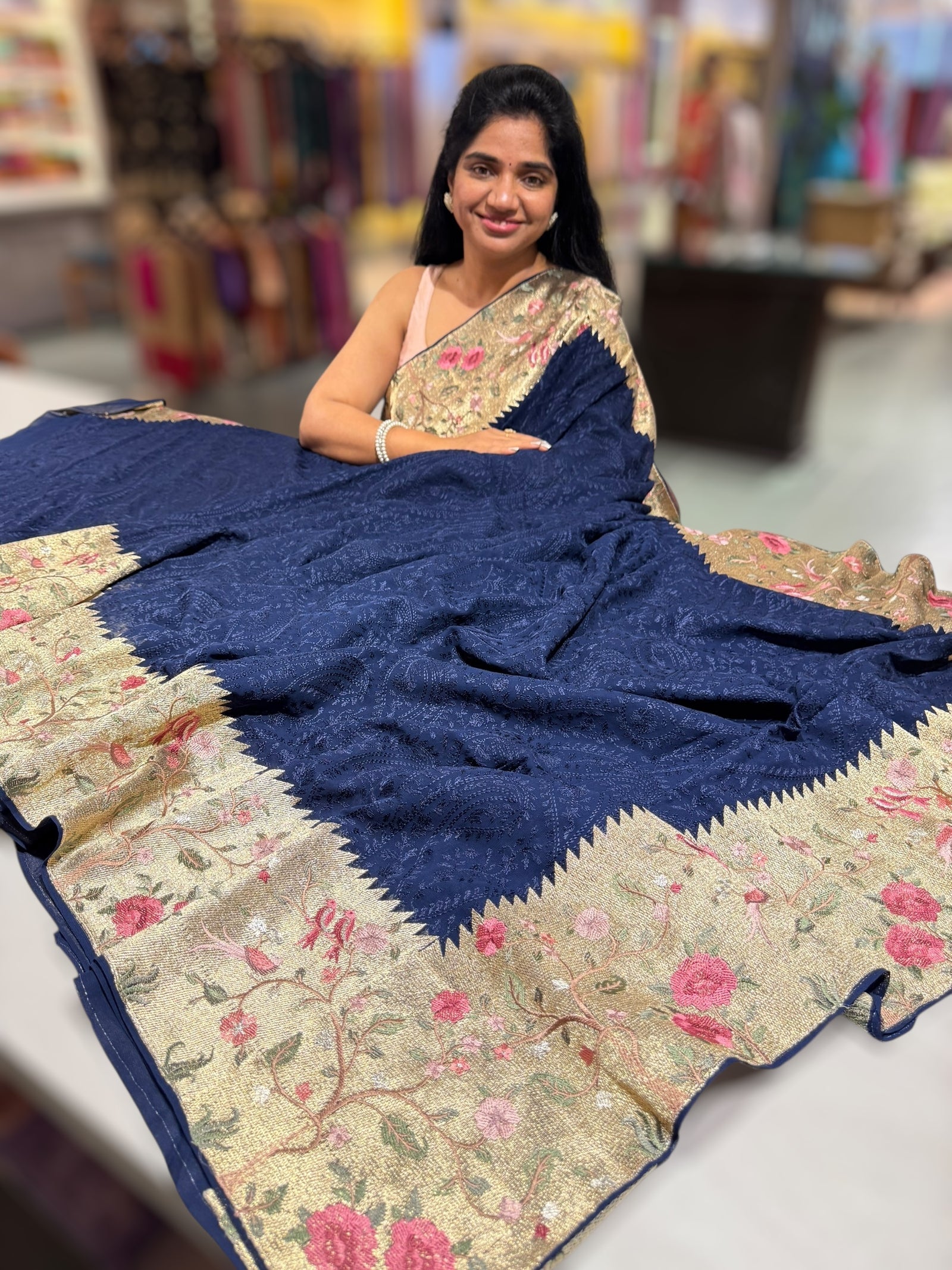 Midnight Blue Chikankari Georgette Saree with Tissue embroidered Border