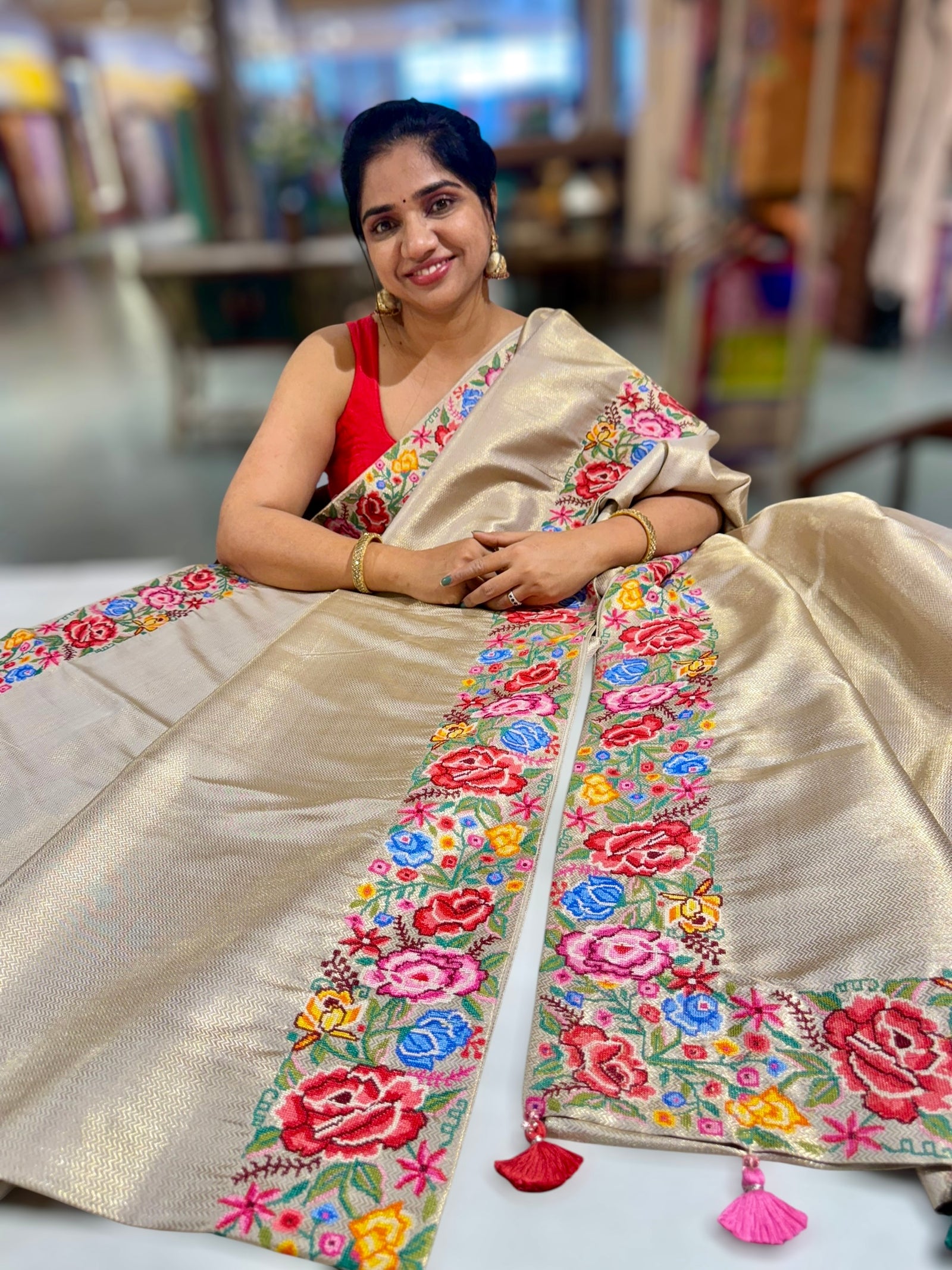 Beigish Taupe Green Kanchi Brocade Tissue Saree with Petite Point Embroidered Border