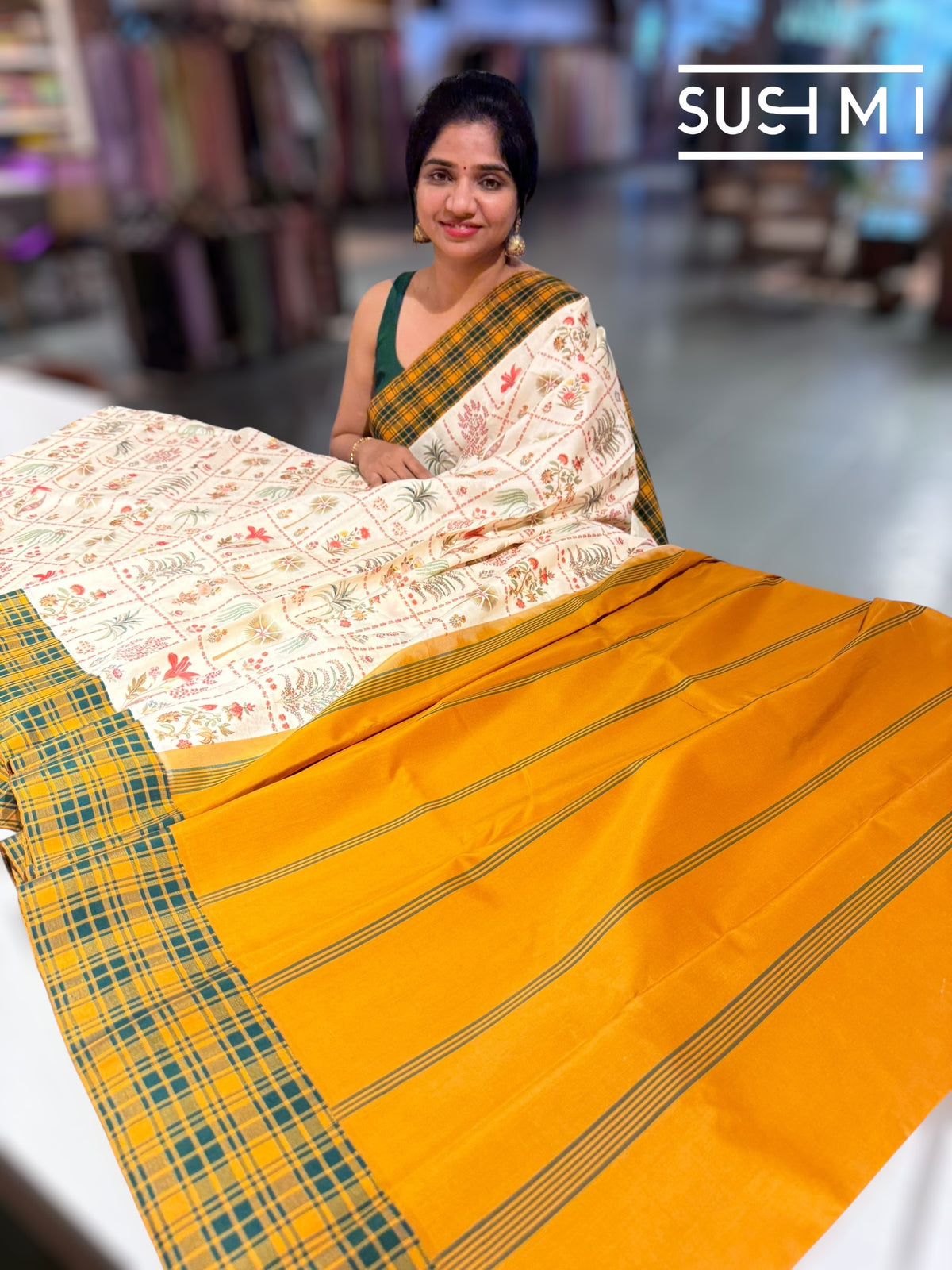 Ivory printed soft silk saree with burberry checks border : D62F034