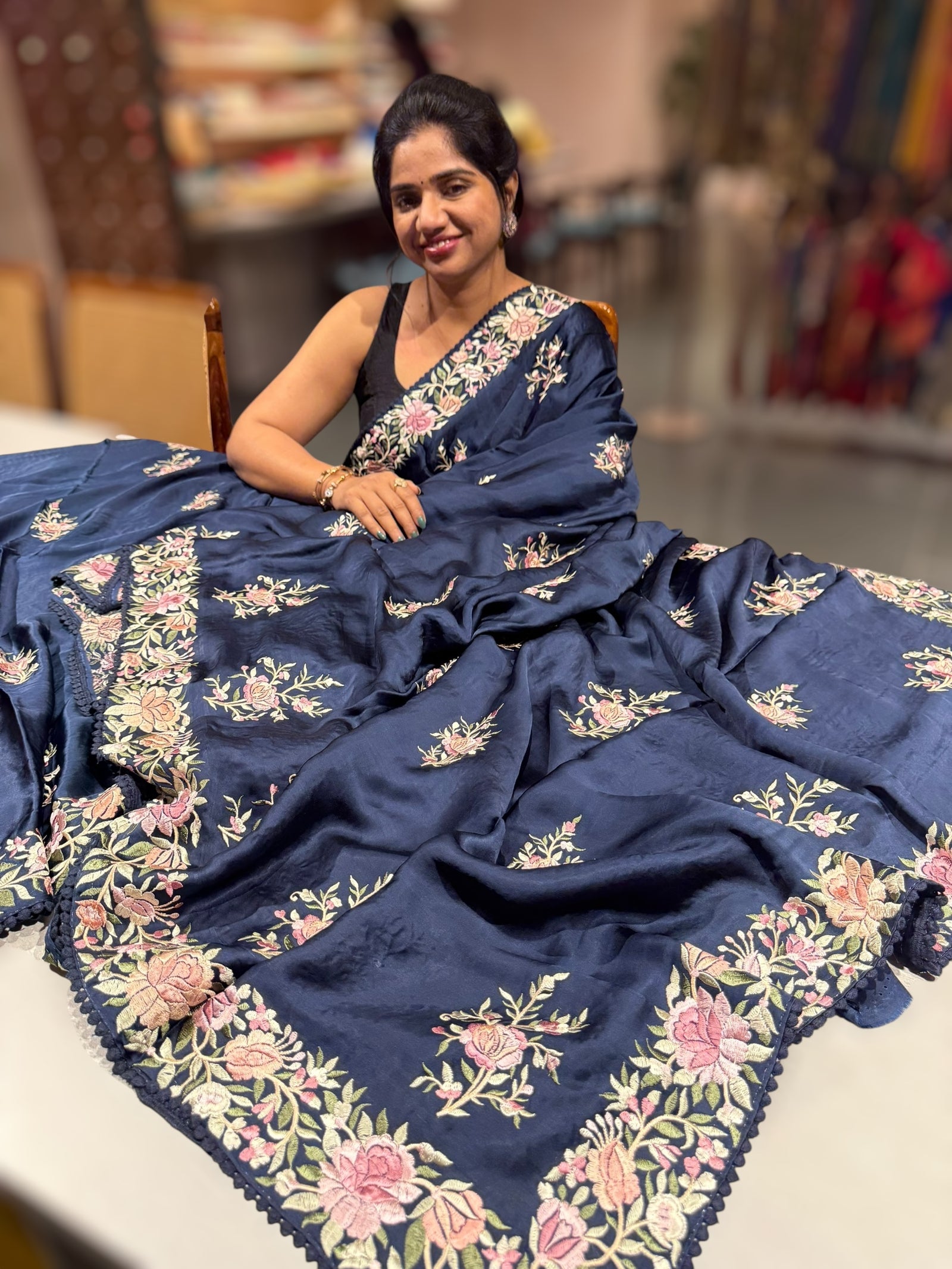Midnight Blue Satin Saree with Parsi Gara embroidery