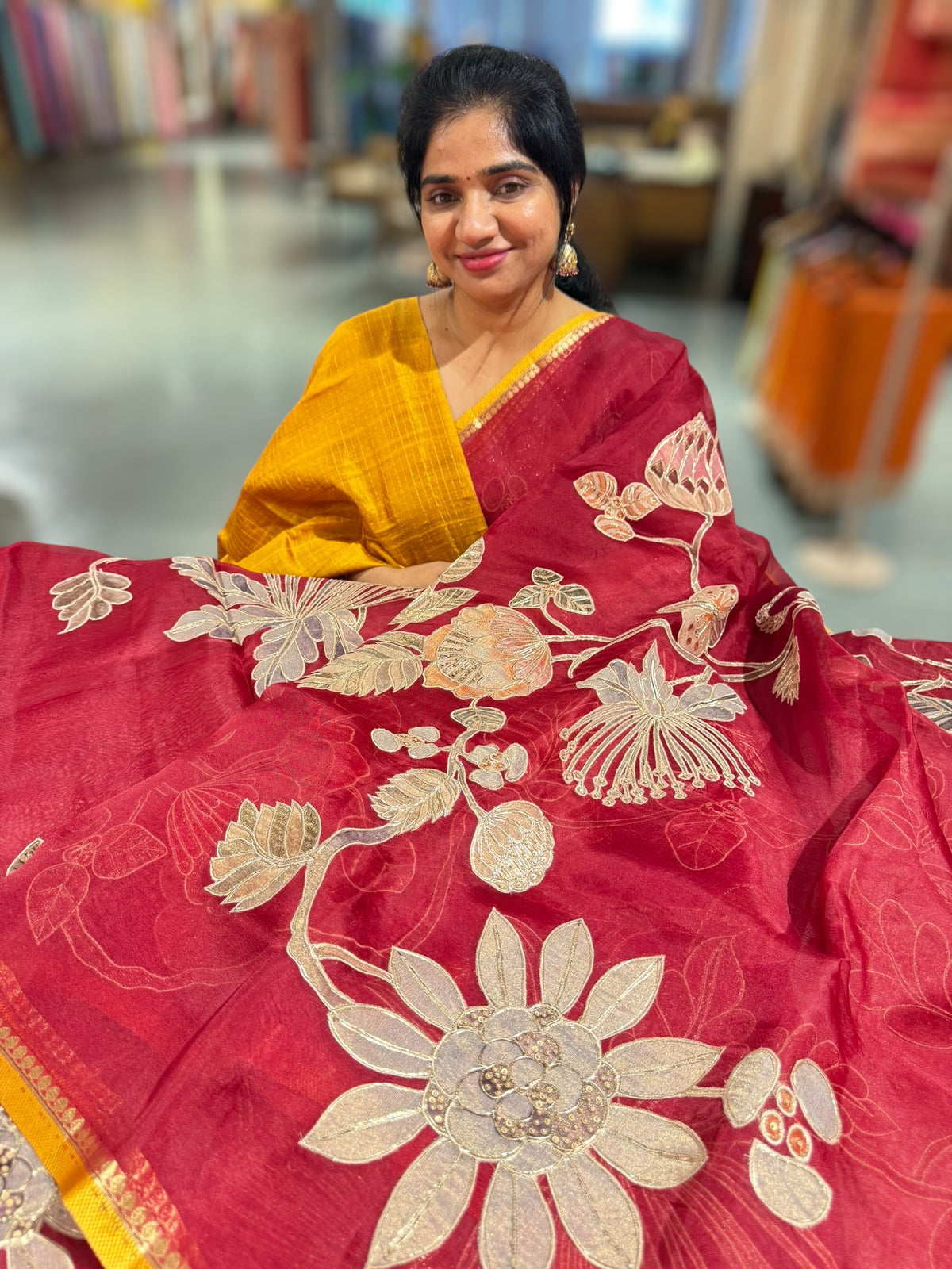 Maroon Designer Organza with Tissue applique work