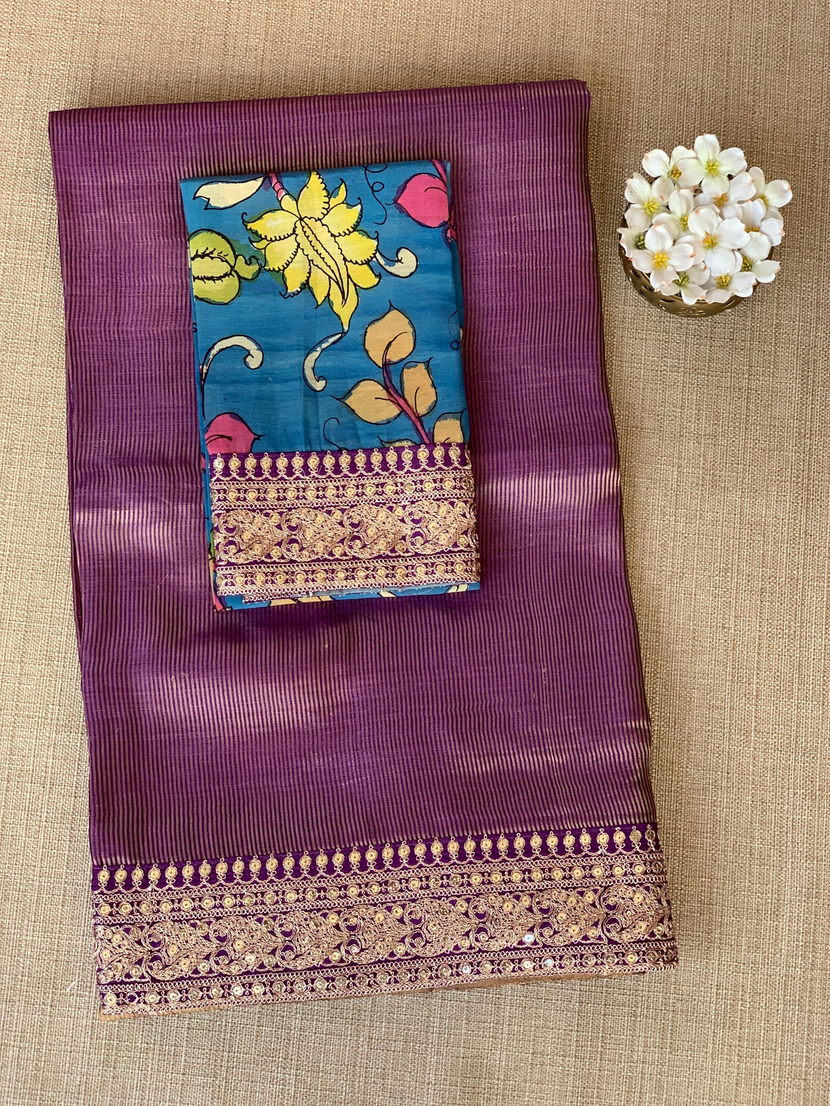 Purple kora Muslin Tissue fusion saree