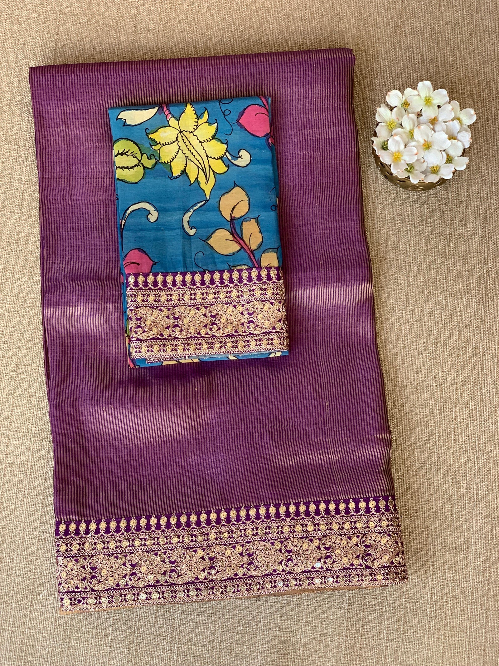 Purple kora Muslin Tissue fusion saree