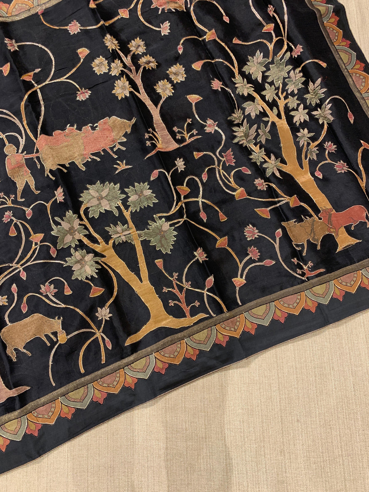 Black Designer Organza Saree with Stunning Tissue Applique work Saree with Village theme