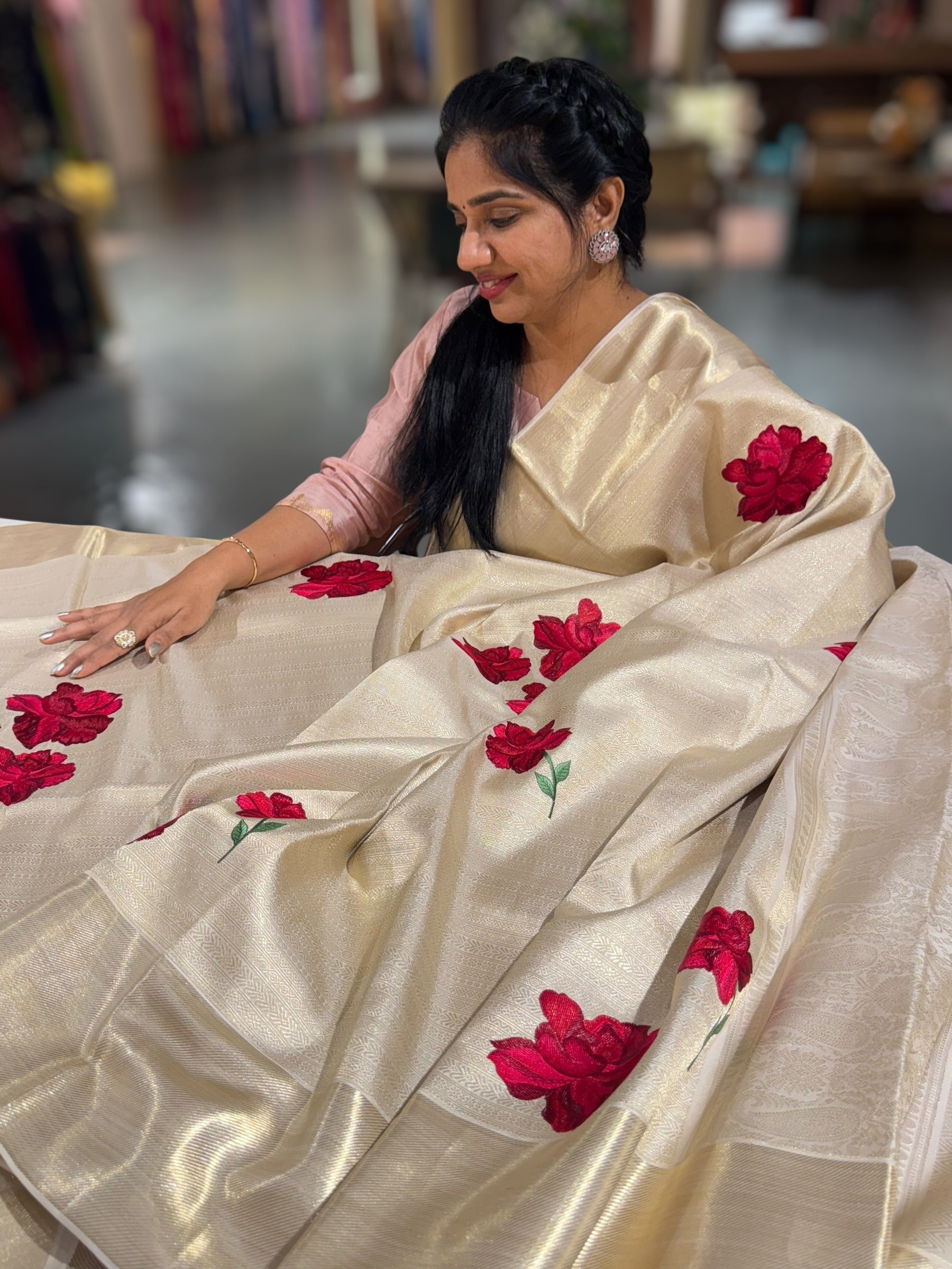 Ivory Banarasi Brocade Kanjeevaram Saree With Hibuscus Floral bunches embroidery