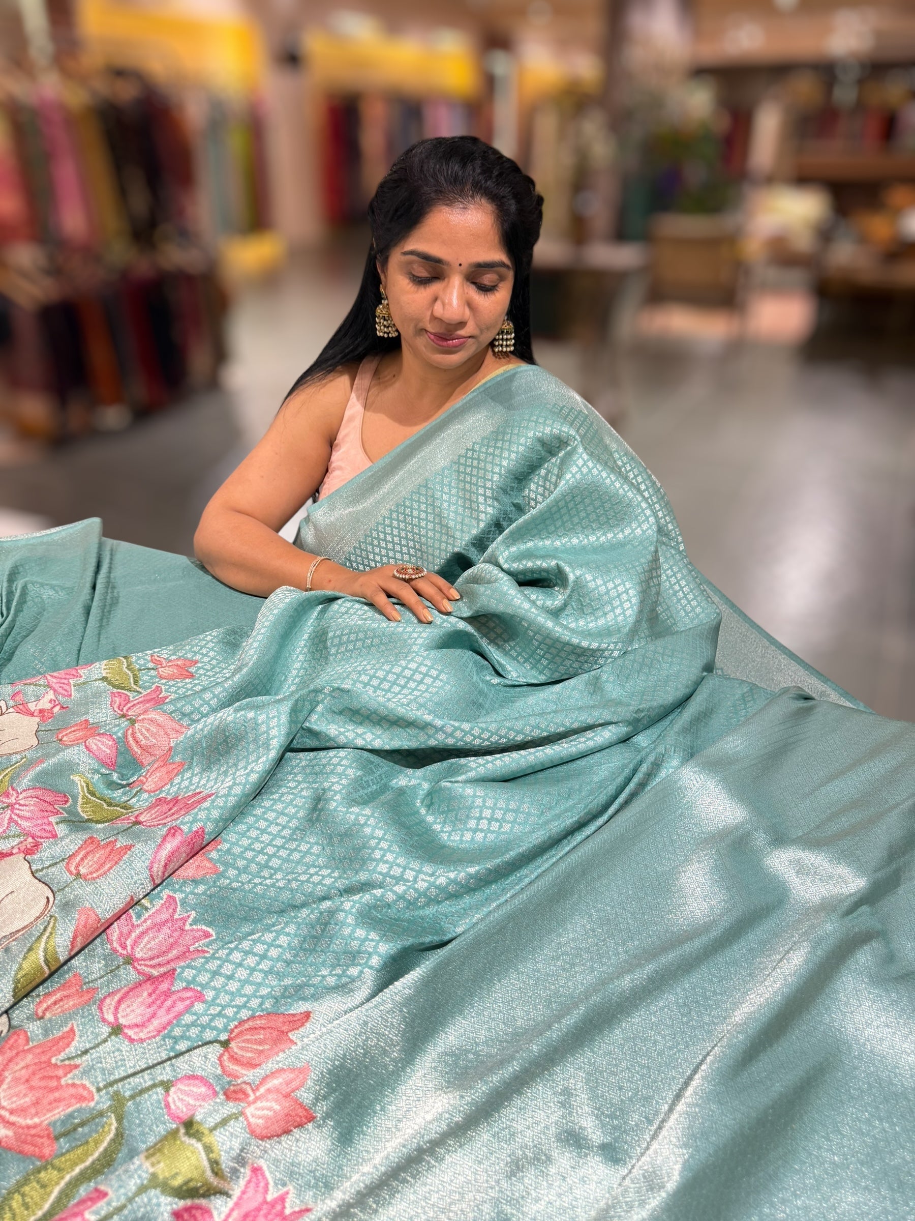 Teal Blue Banarasi Brocade Saree with Pichwai Embroidered Skirt Border.