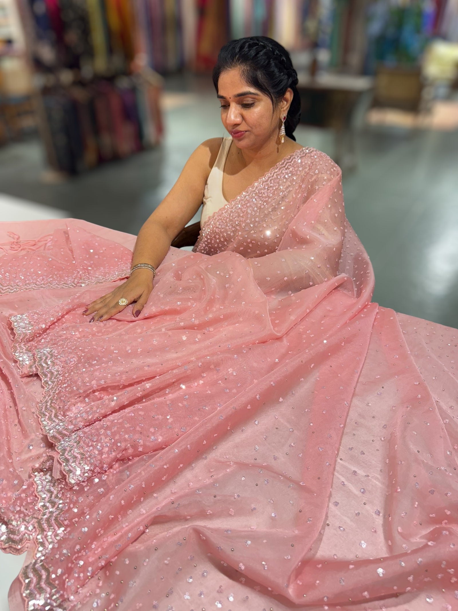 Peach Pink Organza handwork saree with ready to wear blouse