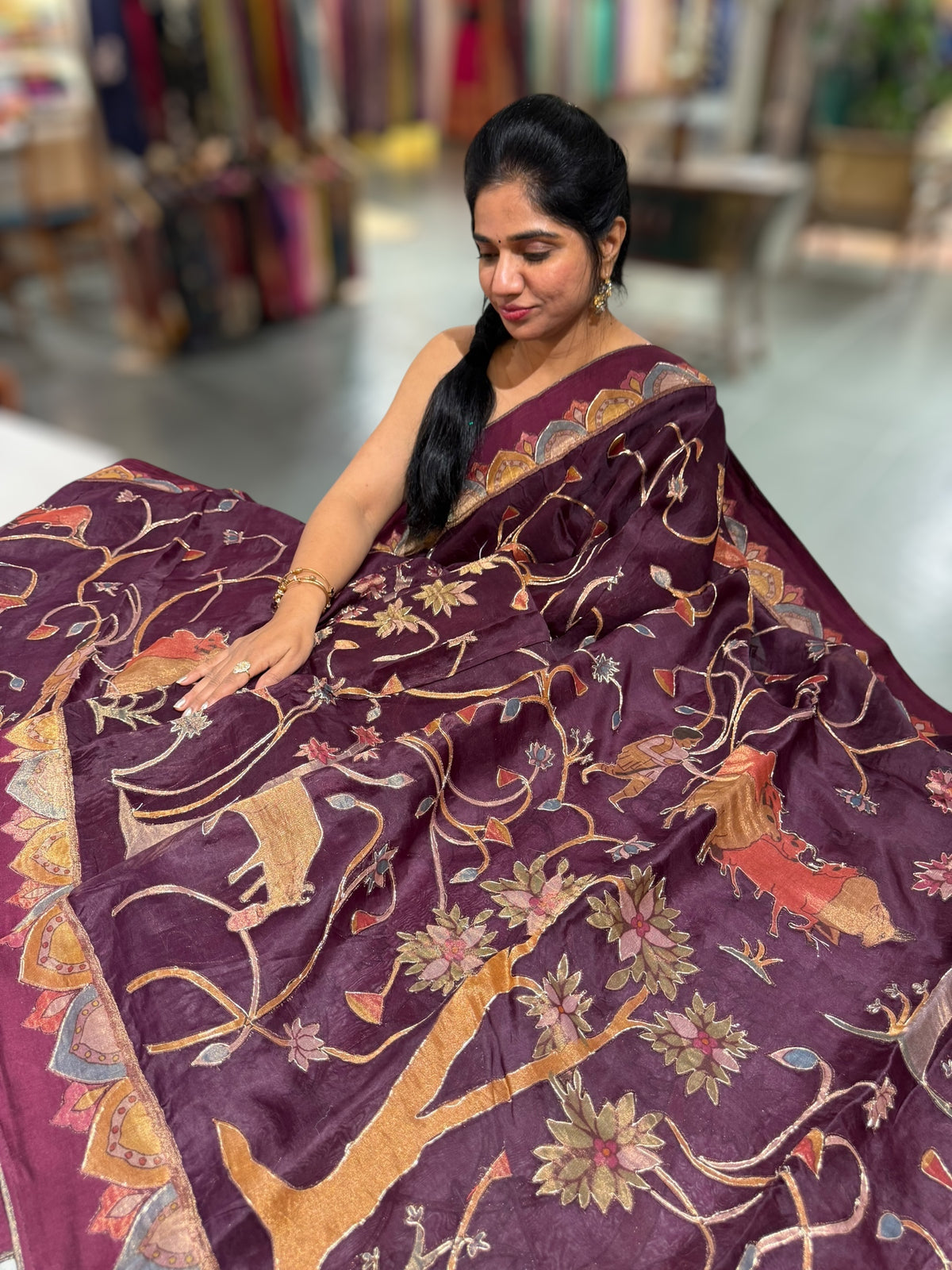 Wine Designer Organza Saree with Stunning Tissue Applique work Saree with Village theme