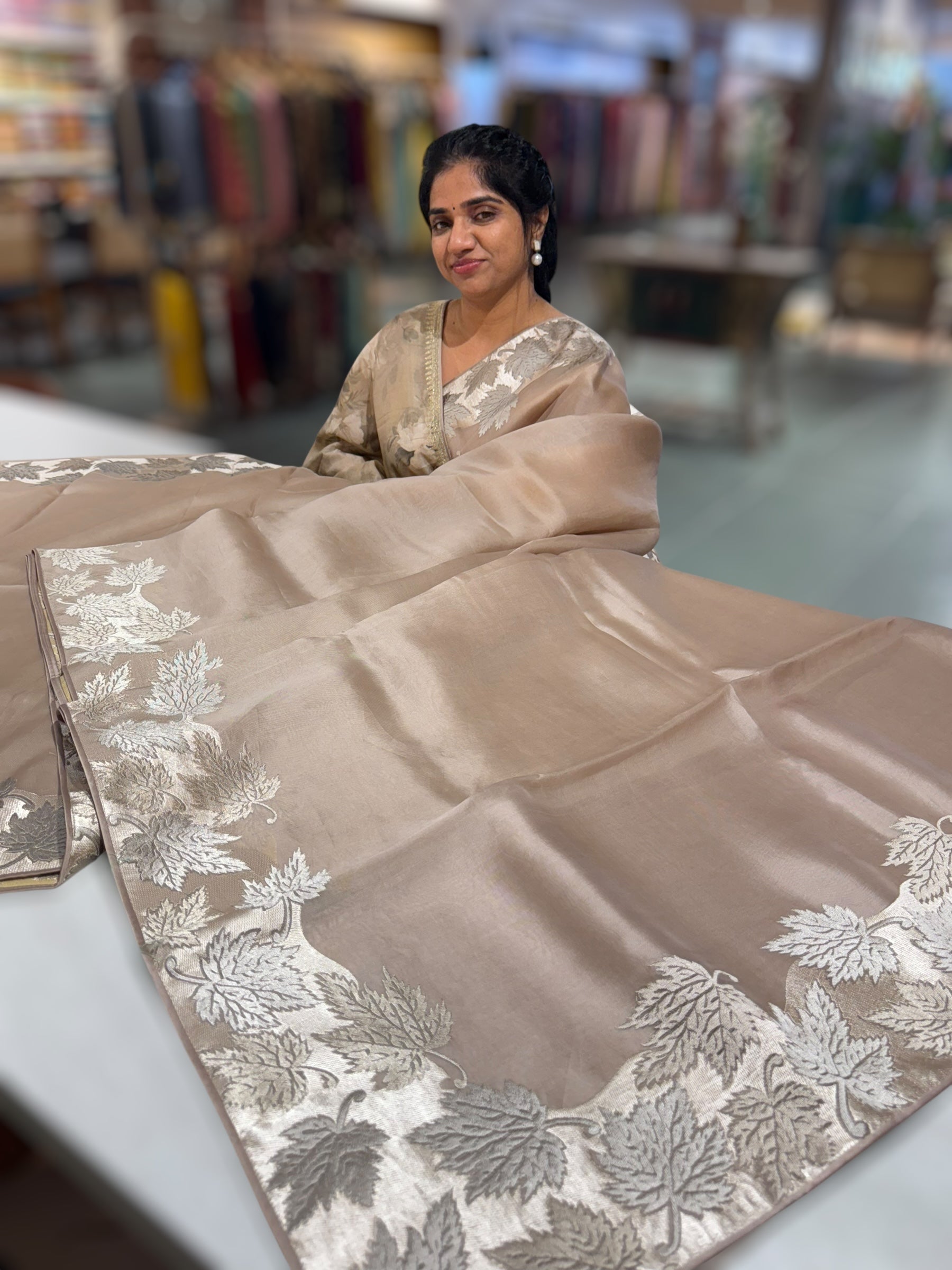 Taupe Organza Saree with Stunning Leaf Embroidered Border