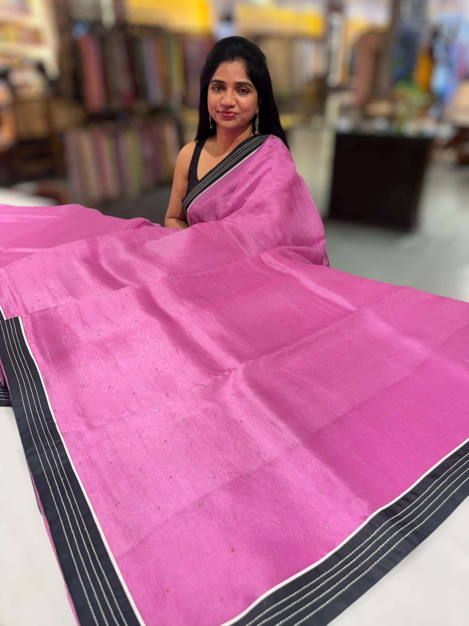 Rose Pink Organza Saree with embroidered blouse
