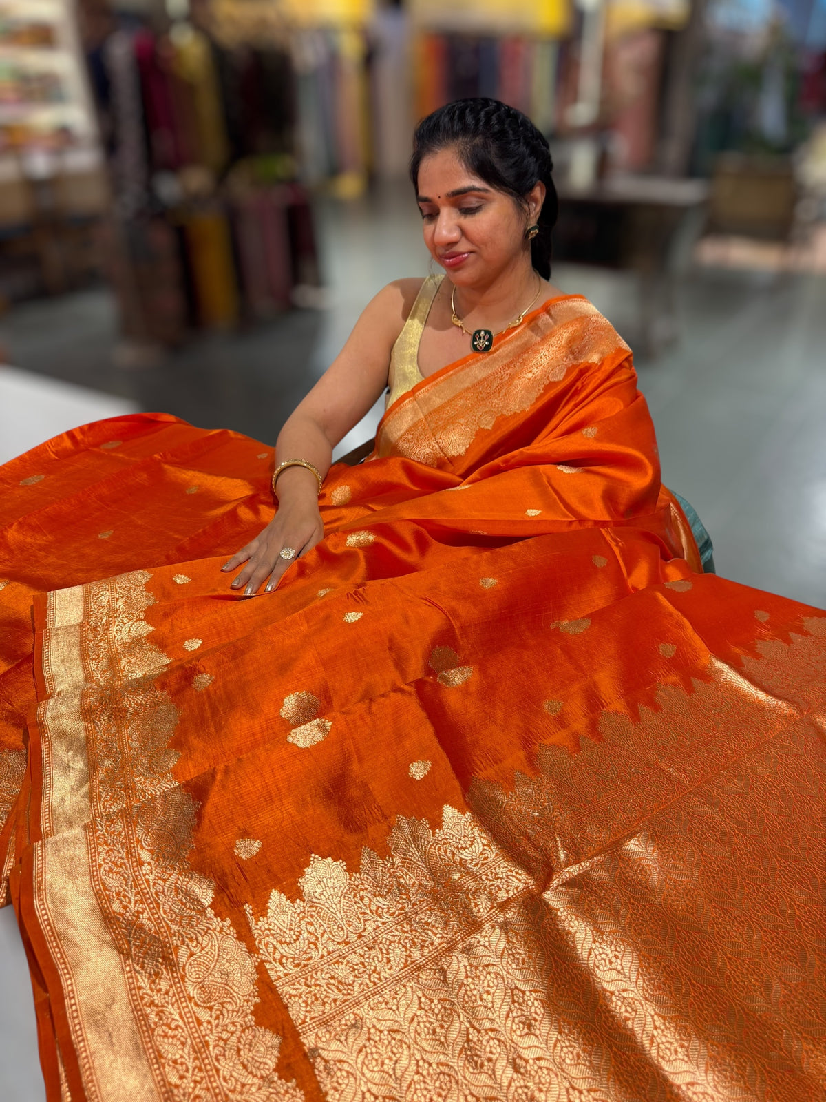 Orange Poona Silk Saree with double Borders