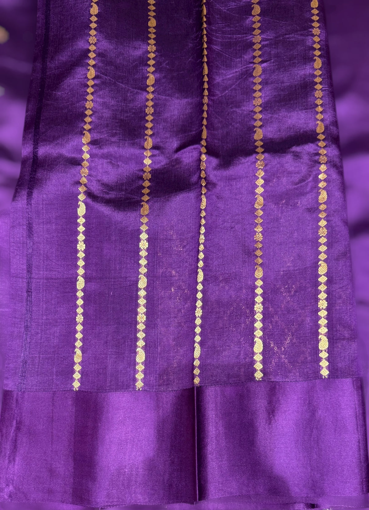 Brinjal Poona Silk Saree with kaduwa woven Motifs on Mashru Borders