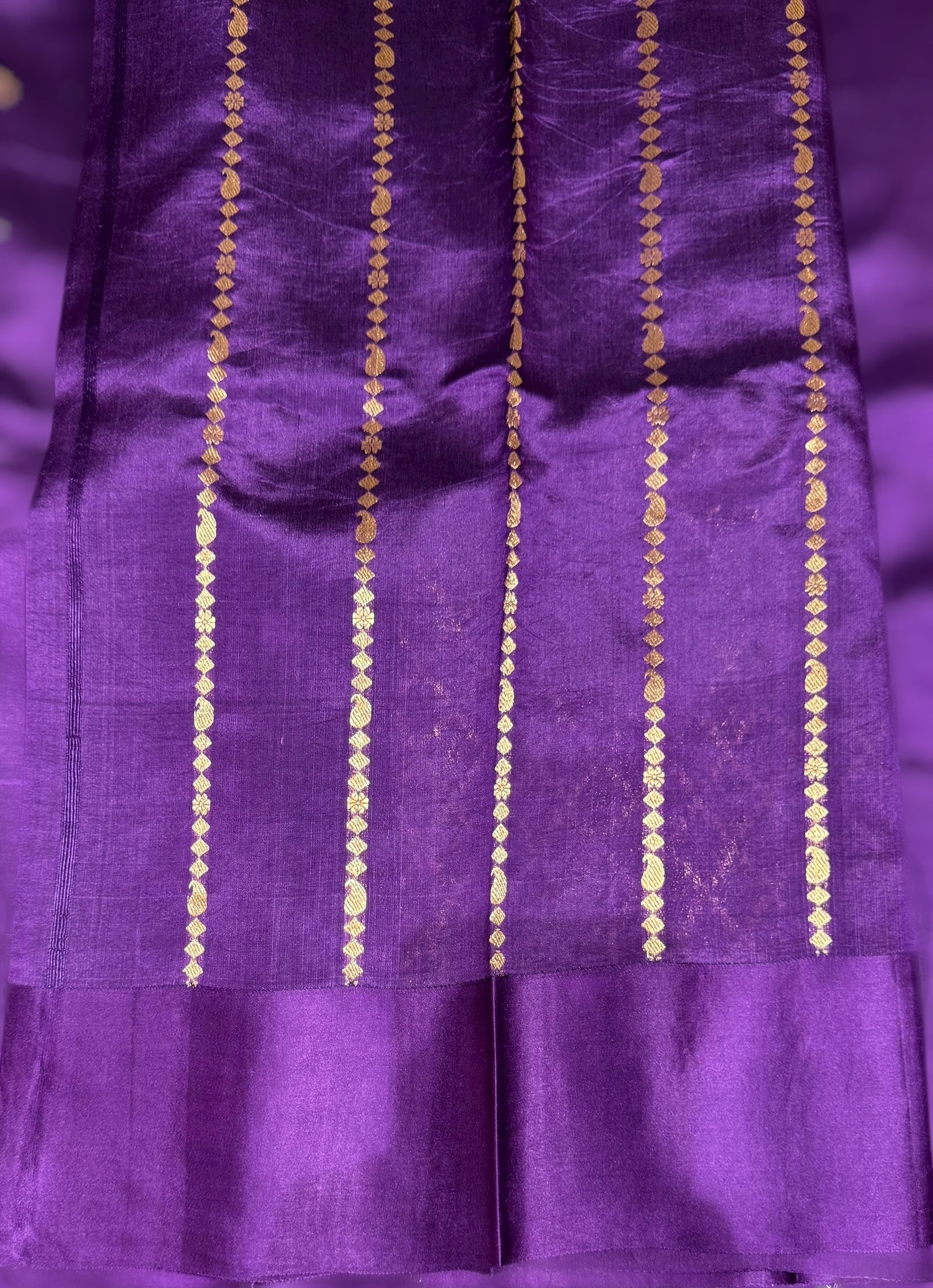 Brinjal Poona Silk Saree with kaduwa woven Motifs on Mashru Borders
