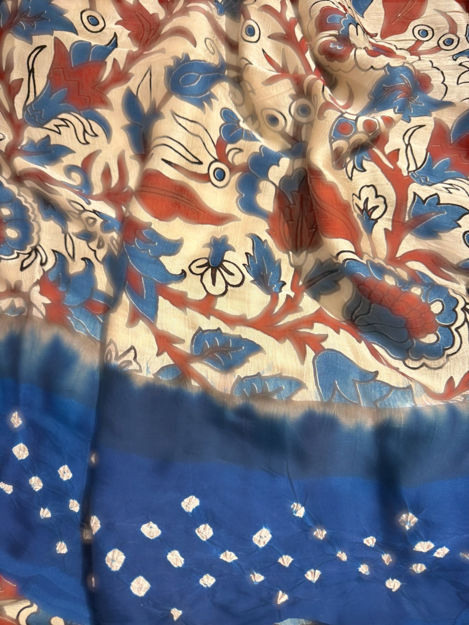Bandhini kalamkari modal satin saree