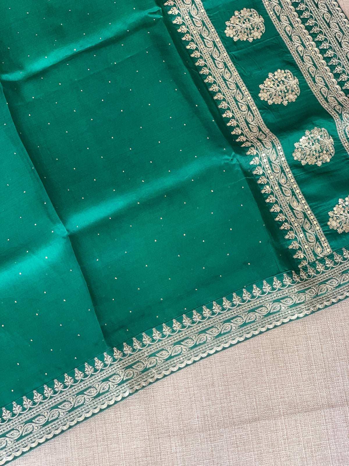 Emerald Green Pure Organza Saree with allover mukaish work & sabyasachi borders