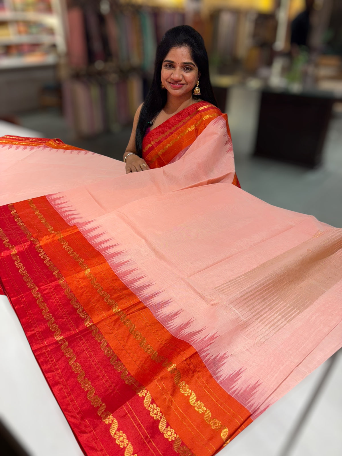 Peach ponduru khadi jamdani Saree