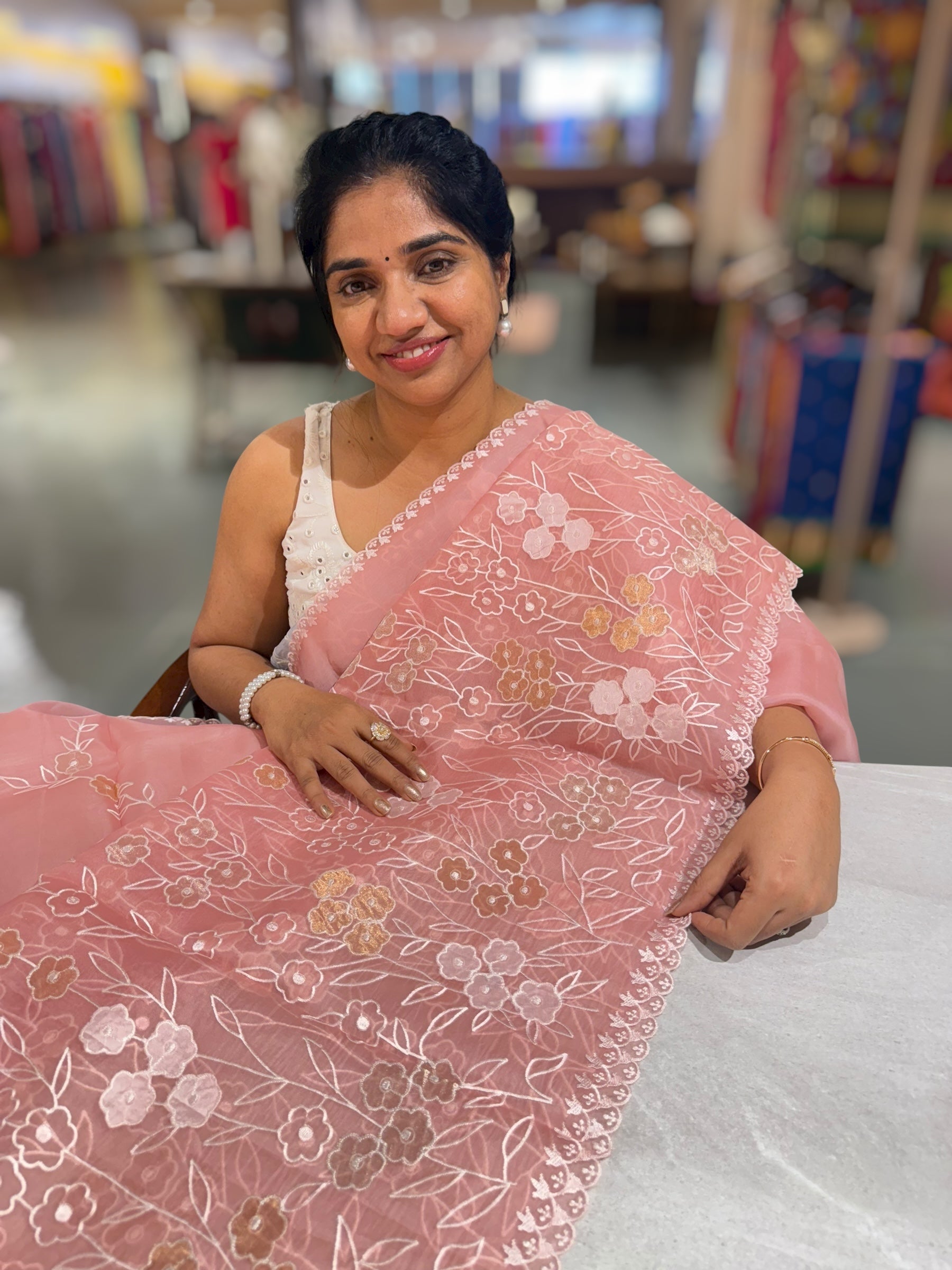 Peach Pink Organza Saree With Tissue Applique Work